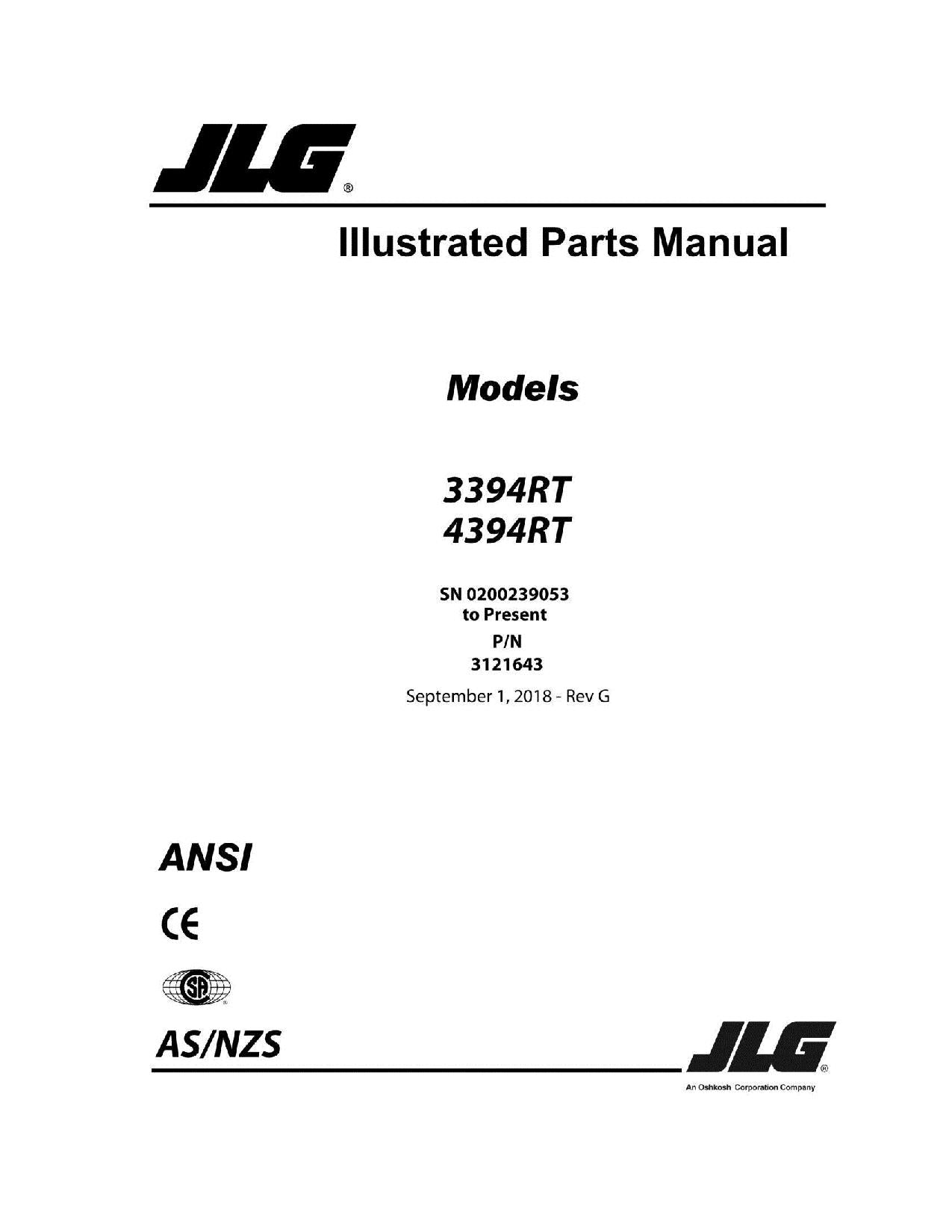 JLG 3394RT 4394RT Scissor Lift Parts Catalog Manual 0200239053 to Present