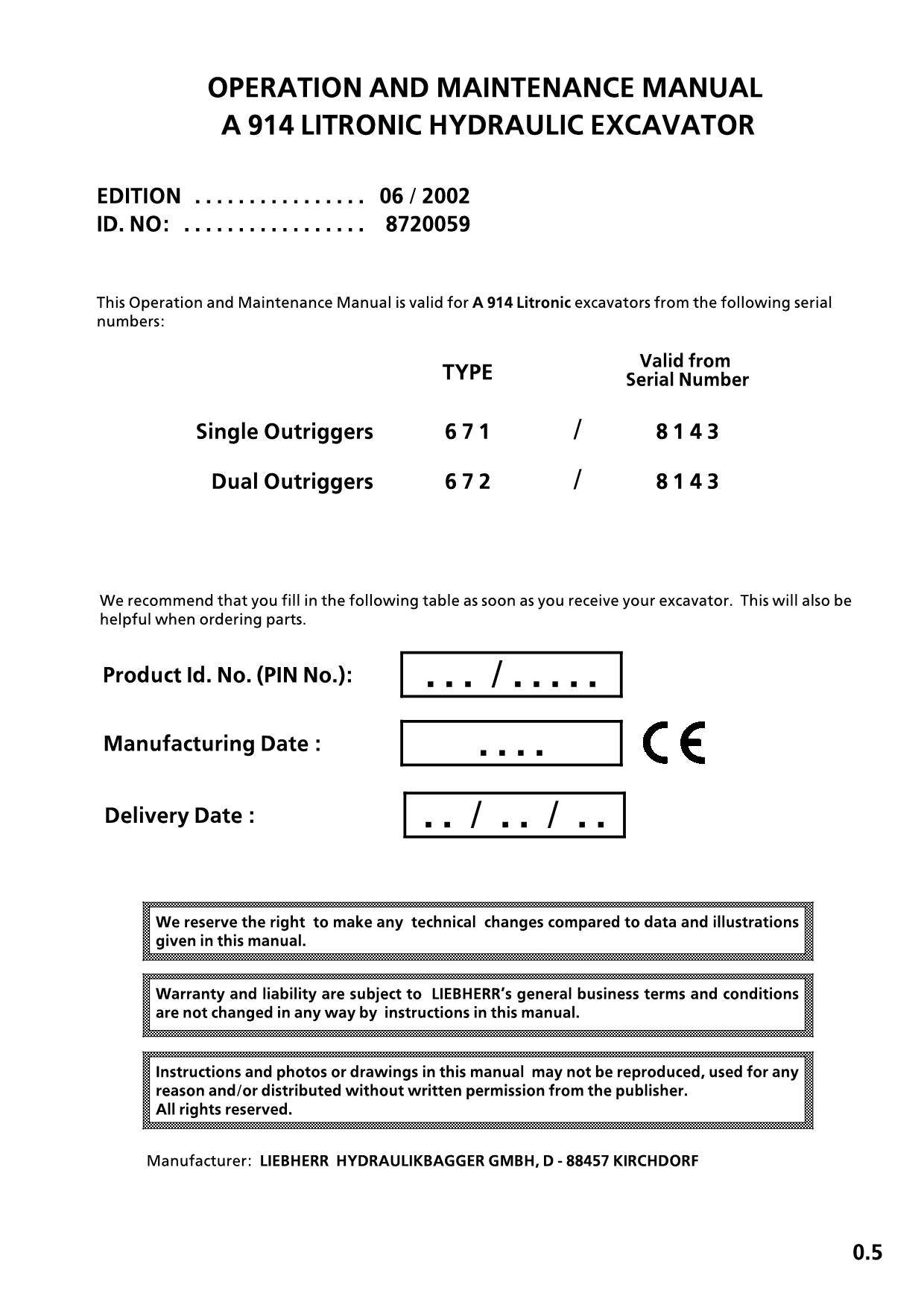 Liebherr A914 Litronic Excavator Operators manual