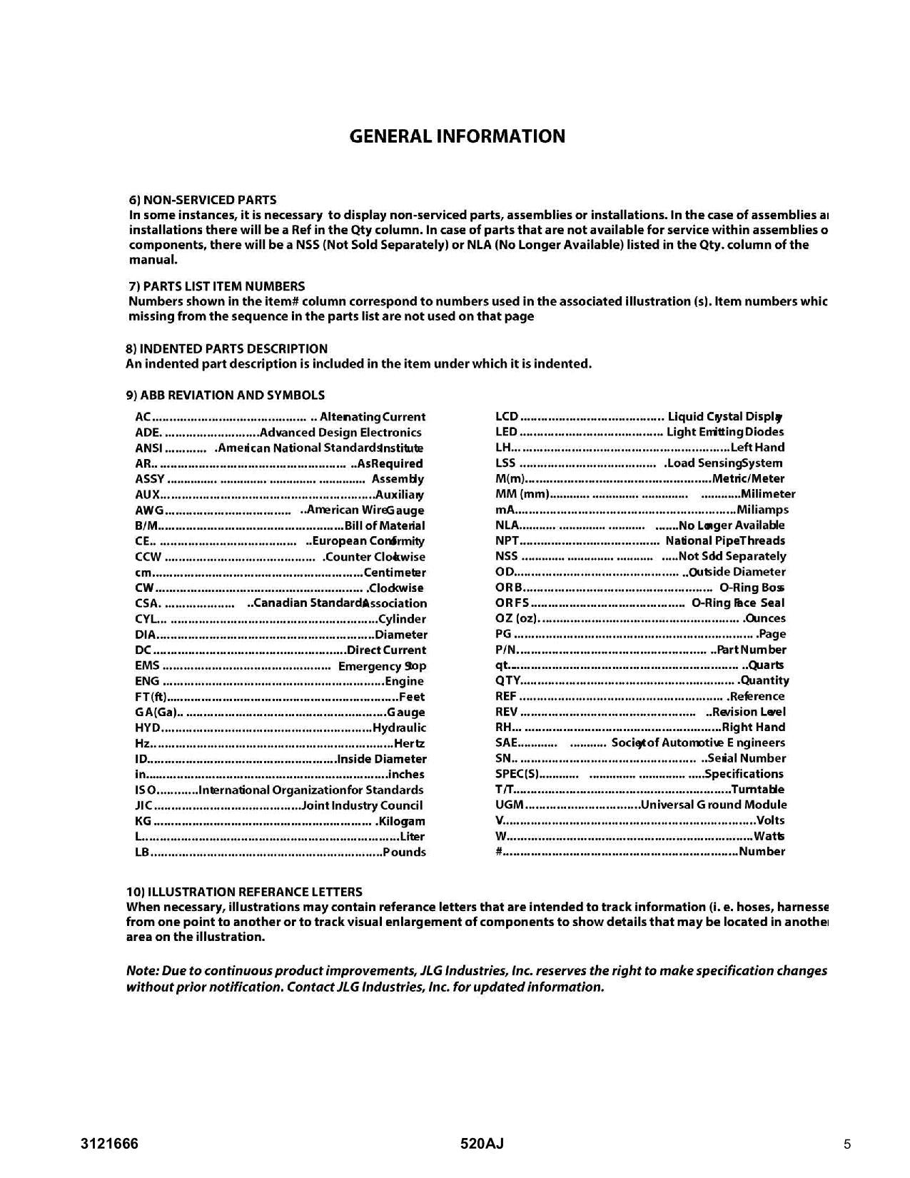 JLG 520AJ Boom Lift Parts Catalog Manual