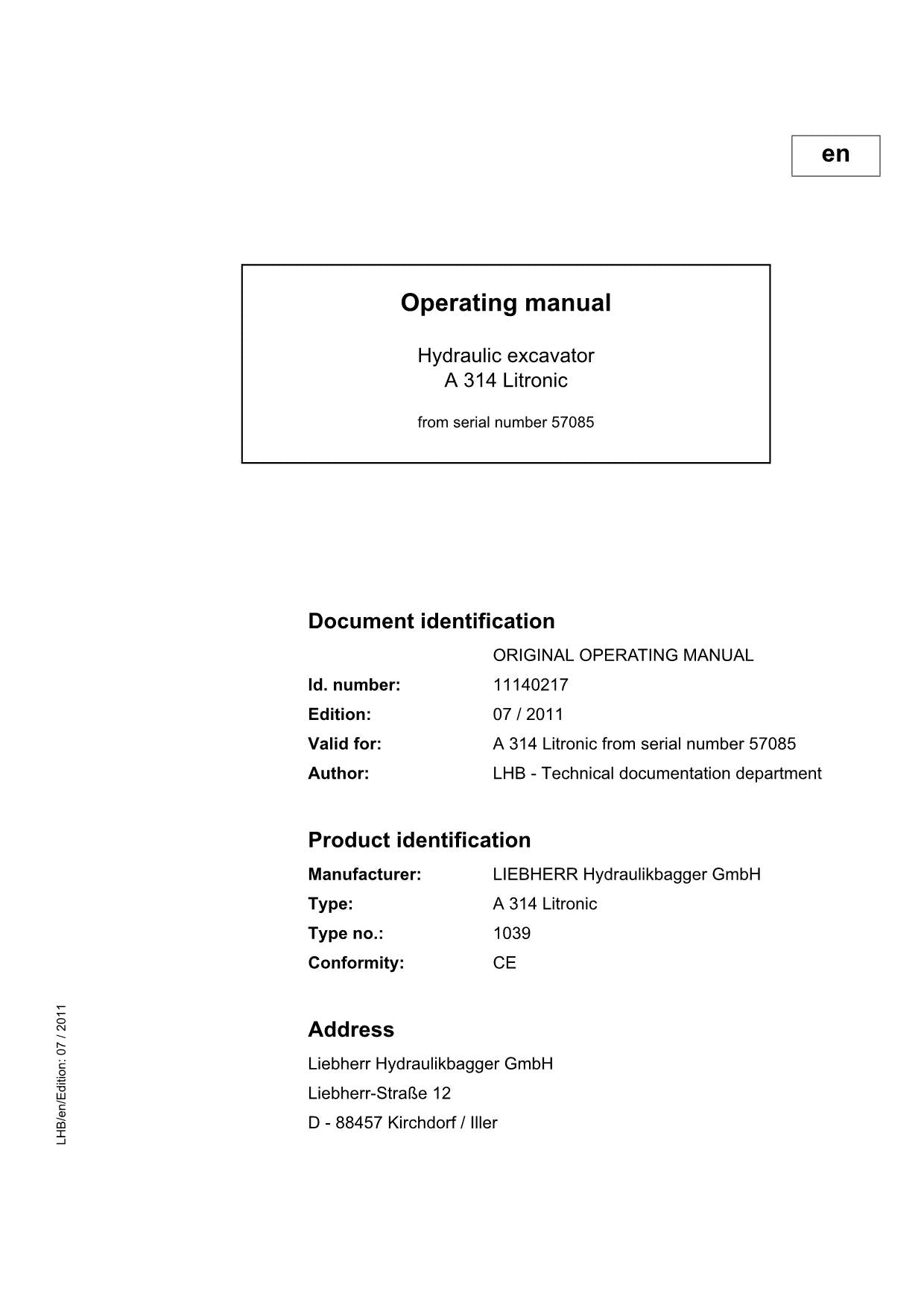 Liebherr A314 Litronic Excavator Operators manual