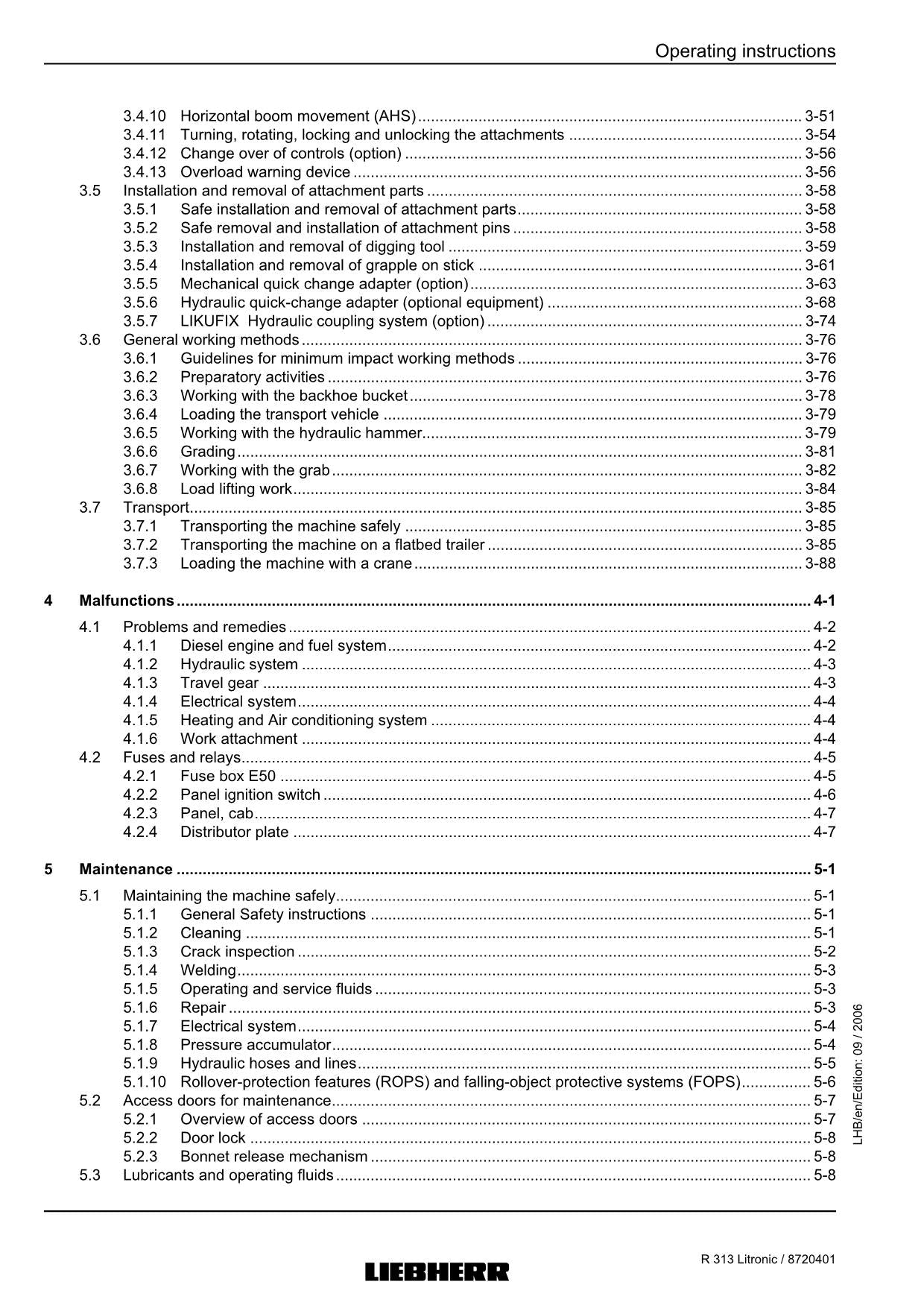 Liebherr R313 Litronic Excavator Operators manual serial 27752