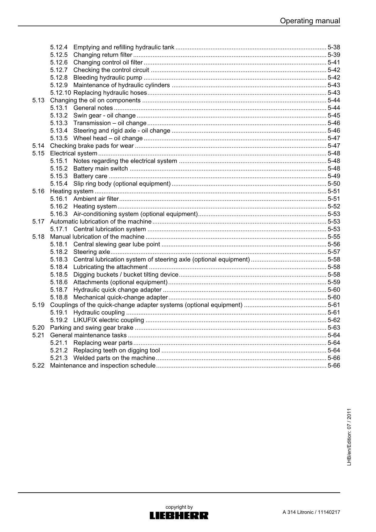 Liebherr A314 Litronic Excavator Operators manual