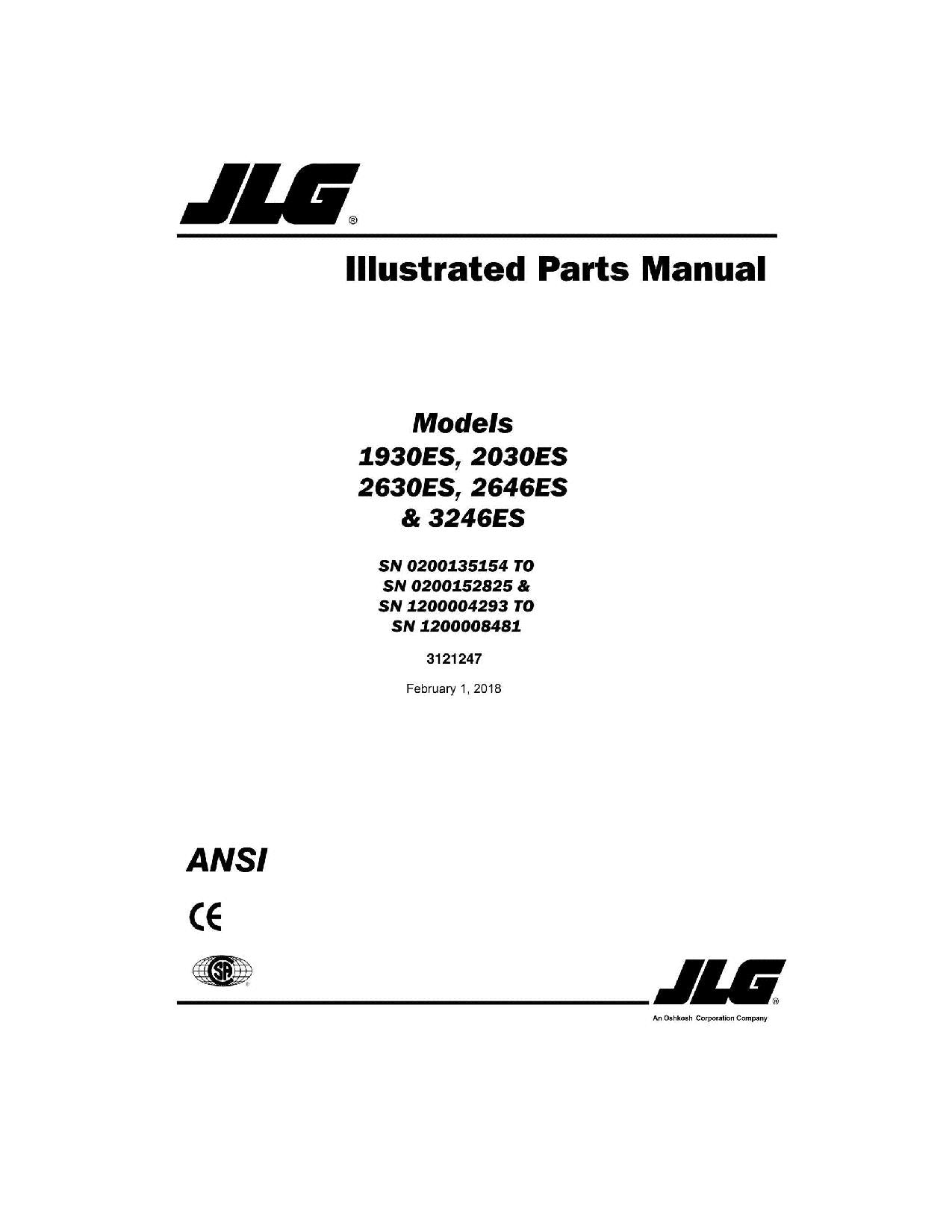 JLG 1930ES 2030ES 2630ES 2646ES 3246ES Scissor Lift Parts Catalog Manual 3121247