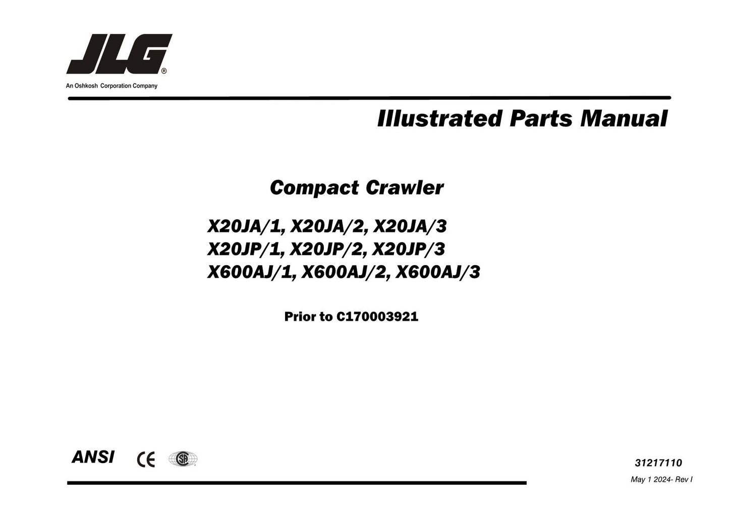 JLG X20JA X20JP X600AJ Compact Crawler Boom Parts Catalog Manual  Multi lang