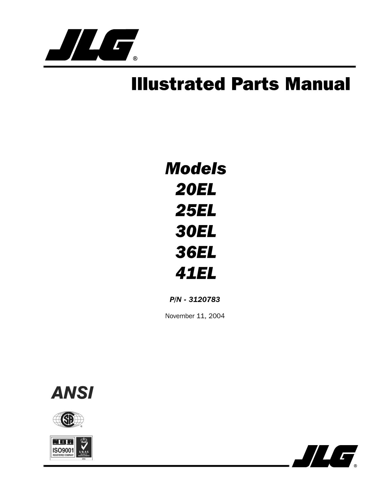 JLG 20EL 25EL 30EL 36EL 41EL Vertical Mast Parts Catalog Manual