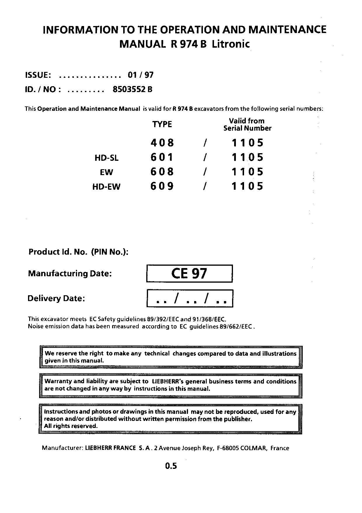 Liebherr R974 B Litronic Excavator Operators manual serial 1105