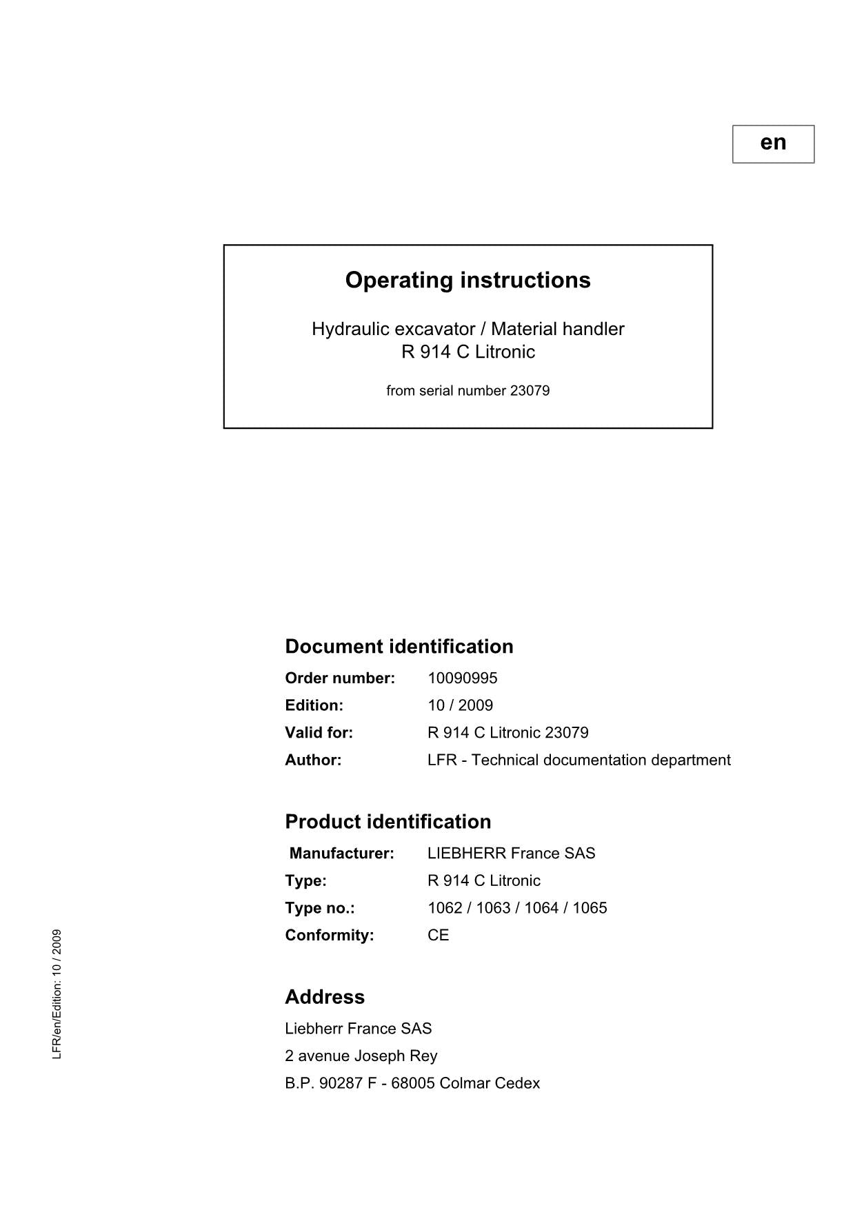 Liebherr R914 C Litronic Excavator Operators manual serial 23079