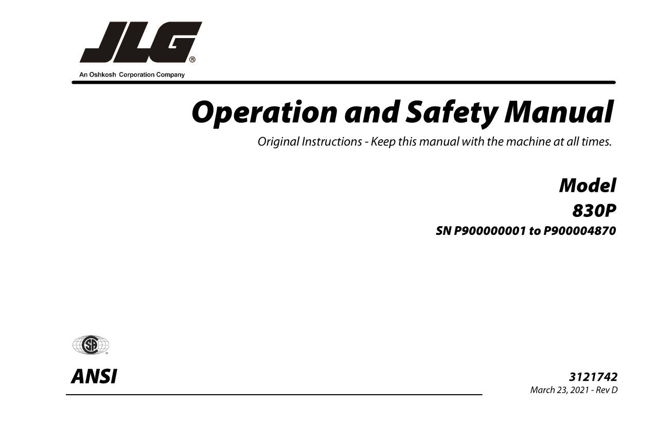 JLG 830P Vertical Mast Maintenance Operation Operators Manual 3121742