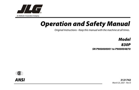 JLG 830P Vertical Mast Maintenance Operation Operators Manual 3121742