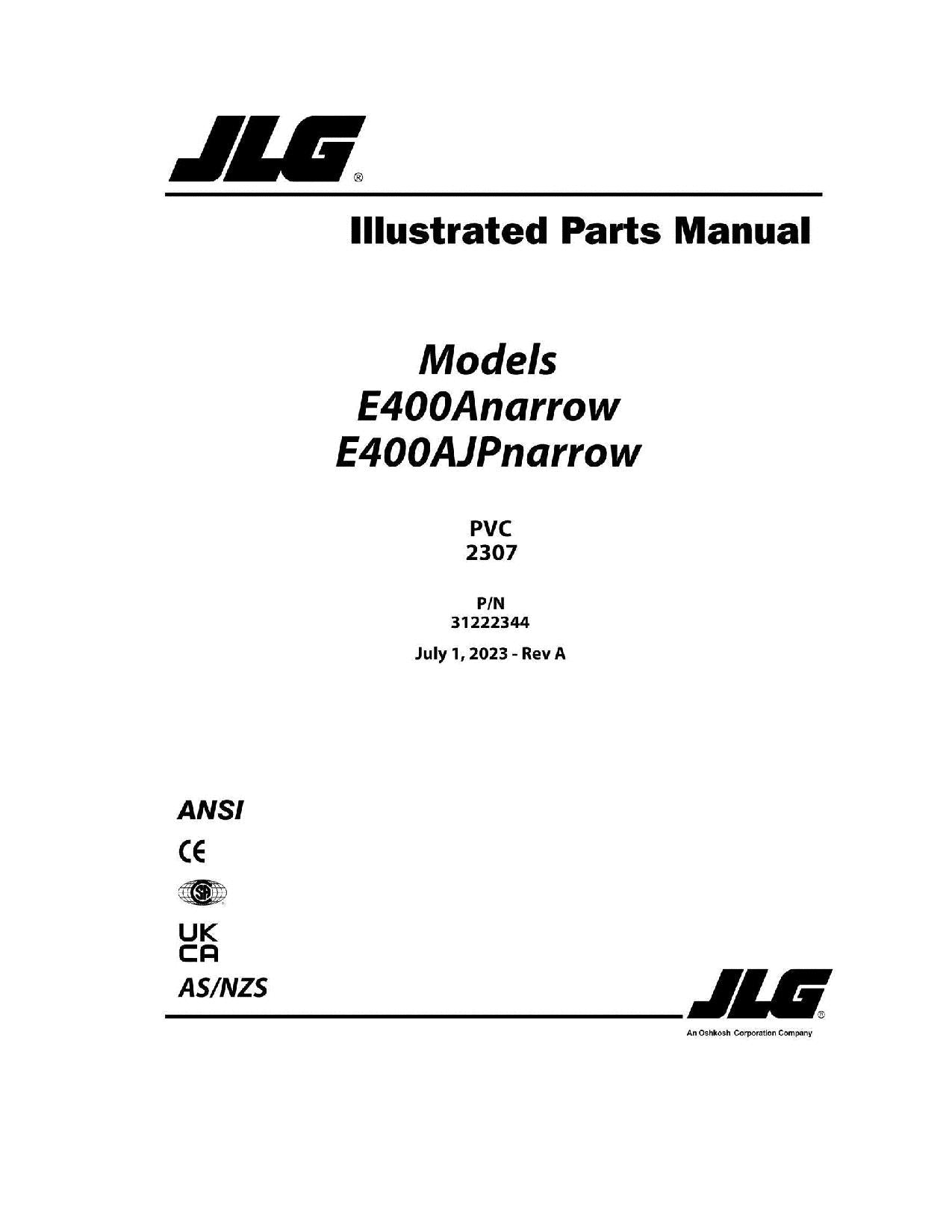 JLG E400AJPnarrow E400Anarrow Boom Lift  Parts Catalog Manual