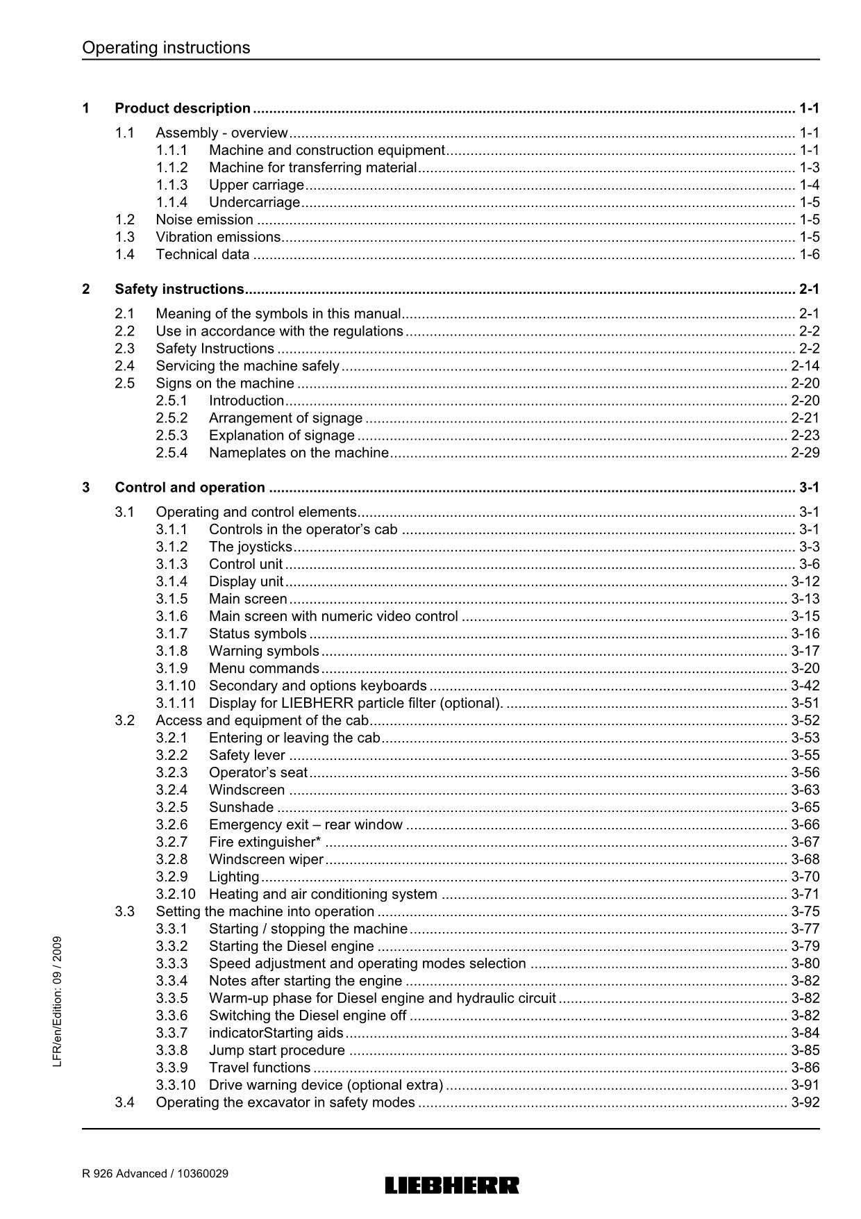 Liebherr R926 Advanced Excavator Operators manual serial 17833