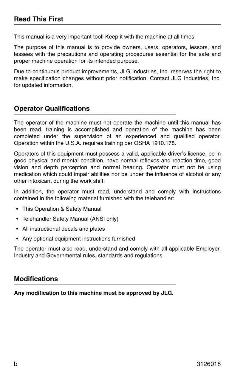 JLG G10-55A G12-55A Telehandler Maintenance Operation Operators Manual 3126018