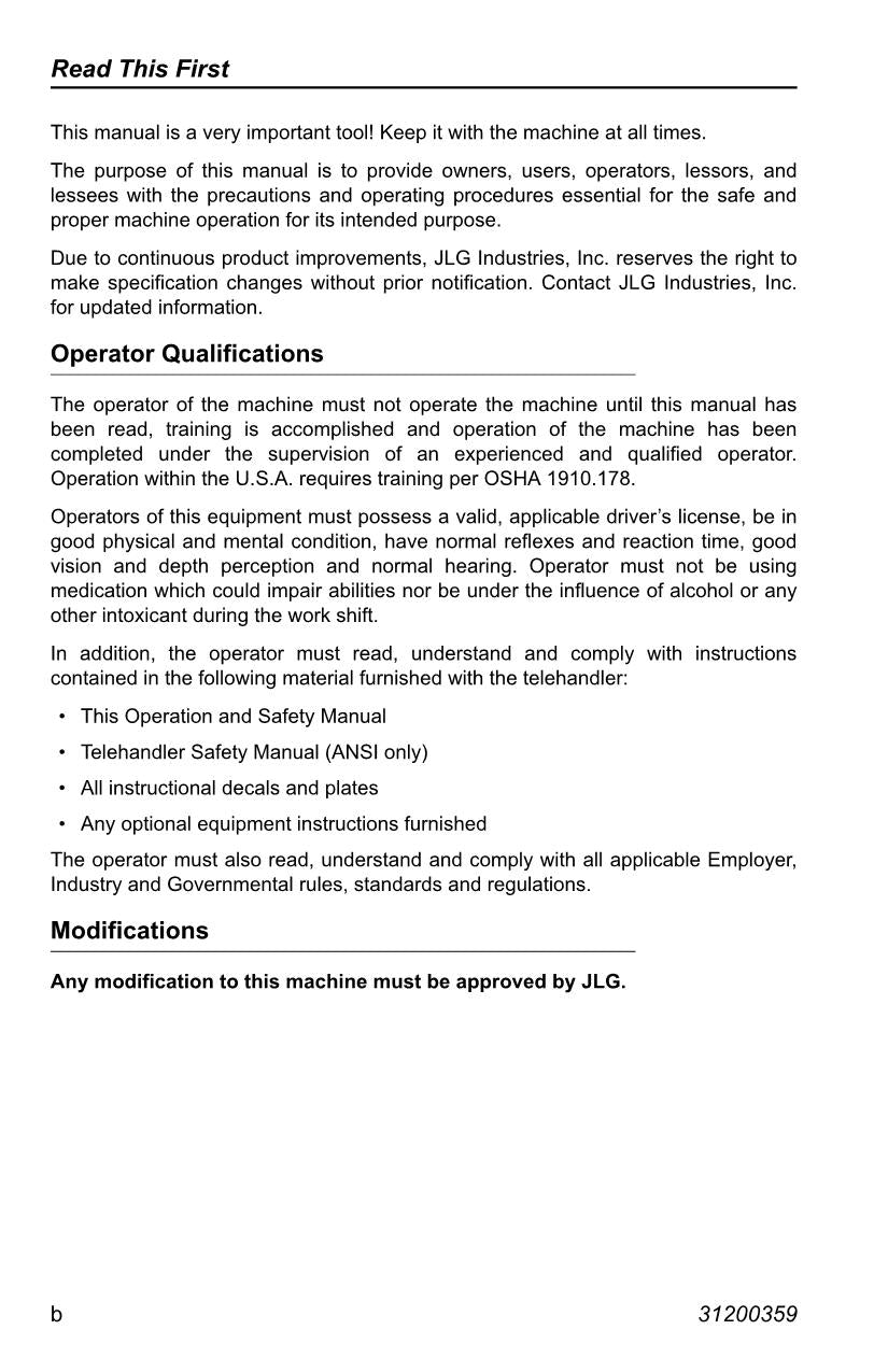 JLG 2505H G5-18A Telehandler Maintenance Operation Operators Manual 31200359