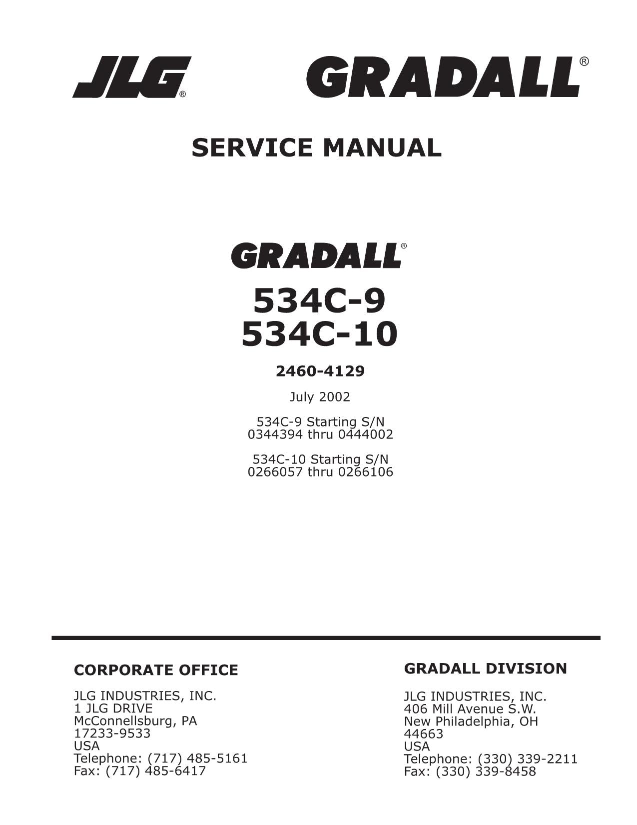 GRADALL JLG 534C-10 534C-9 Service Telehandler Operation Service