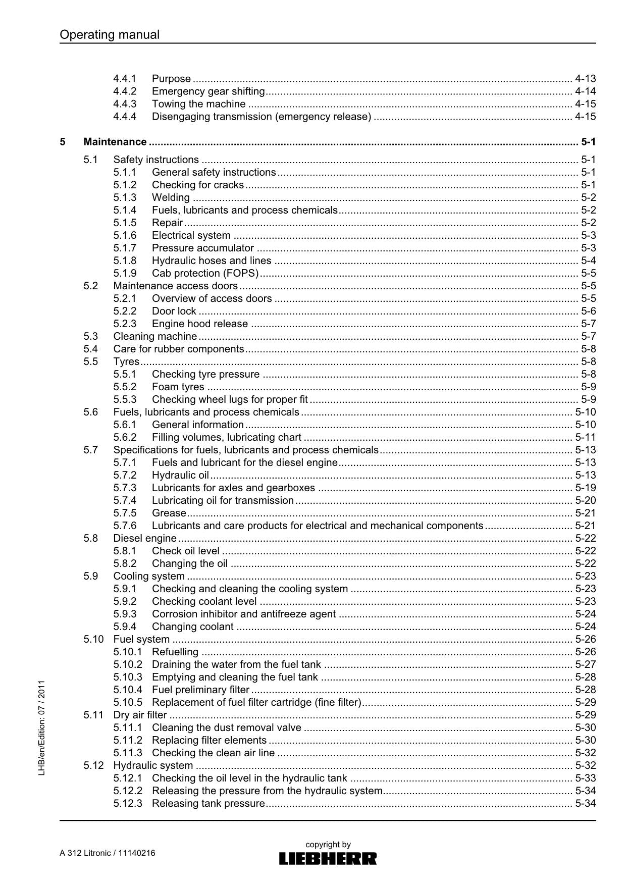 Liebherr A312 Litronic Excavator Operators manual