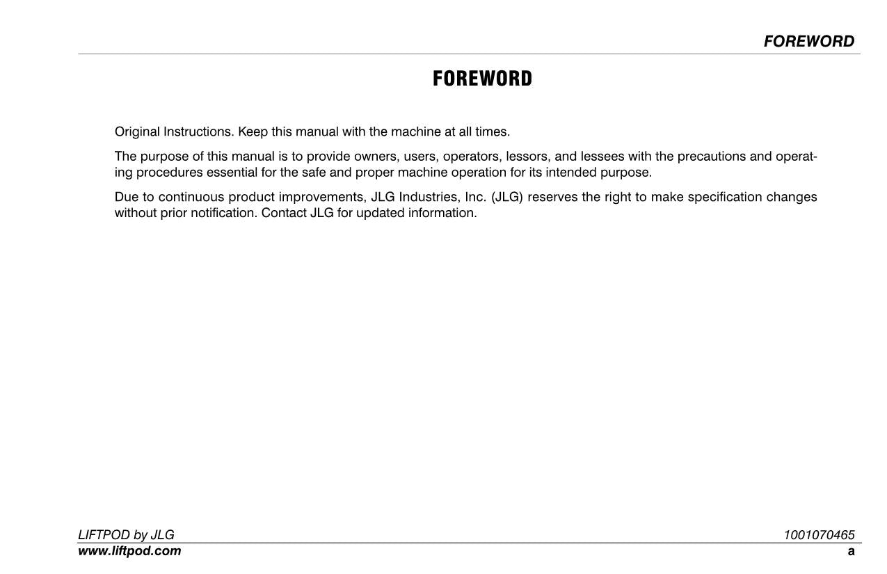 JLG FS60 FS80 Vertical Mast Operators Parts Catalog Service Manual