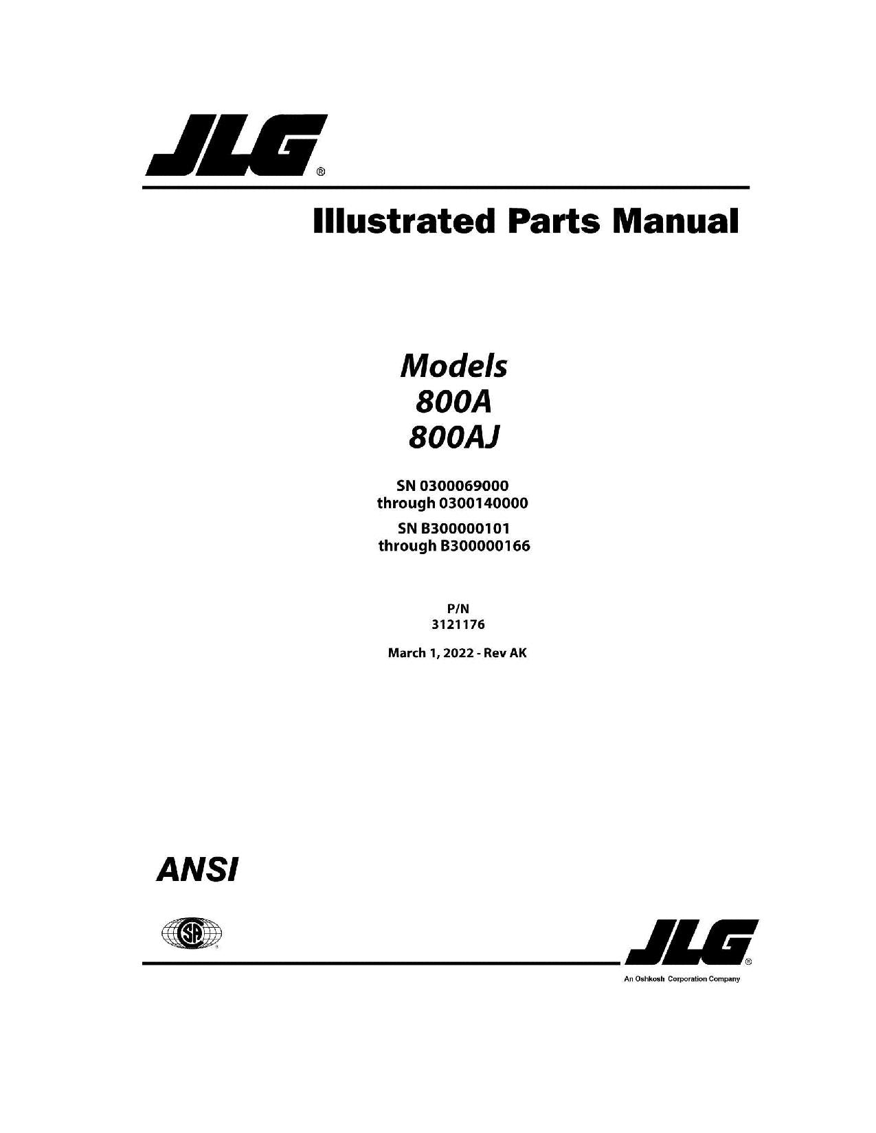 JLG 800A 800AJ Boom Lift Parts Catalog Manual