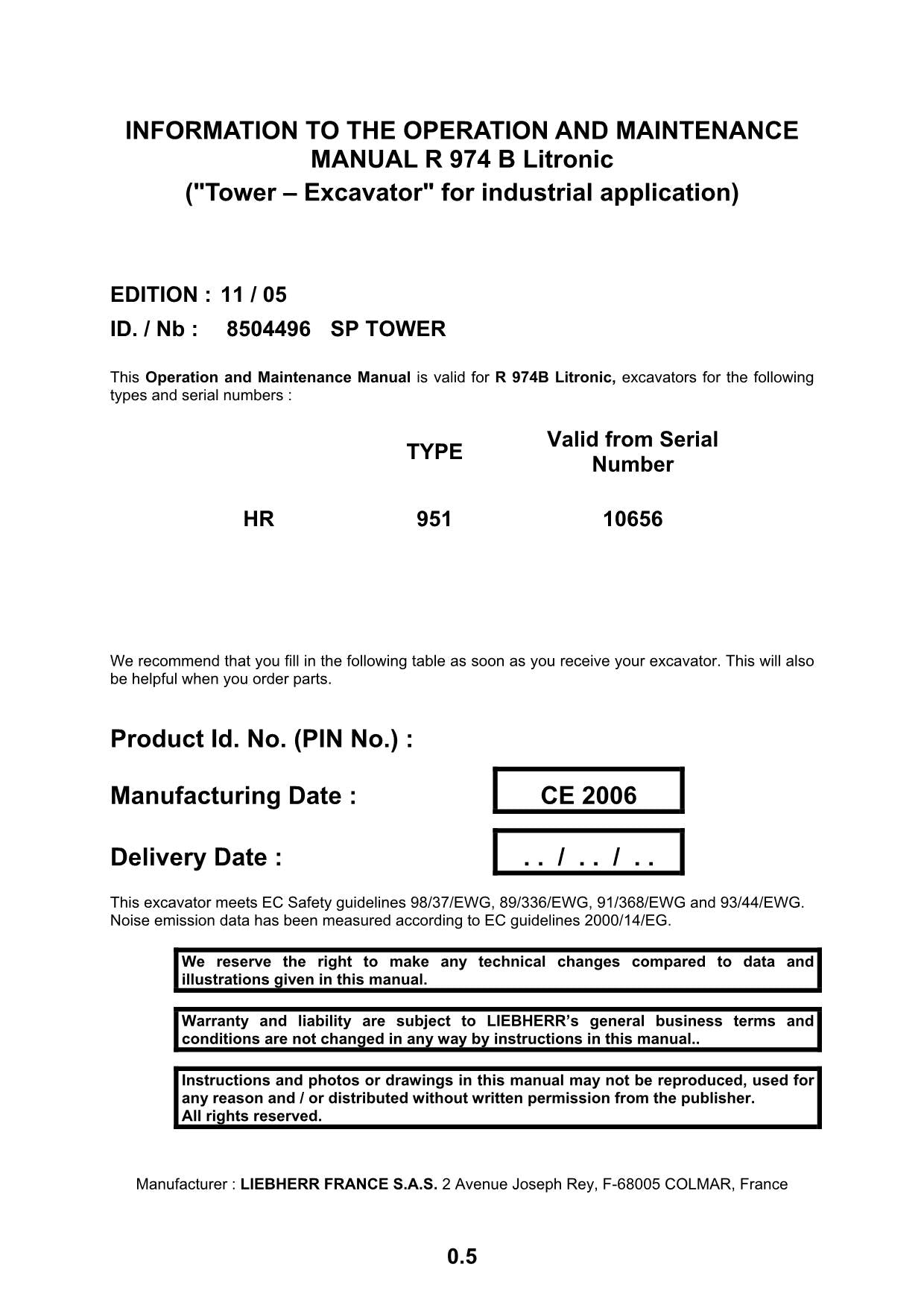 Liebherr R974 B Litronic Excavator Operators manual serial HR 951/10656