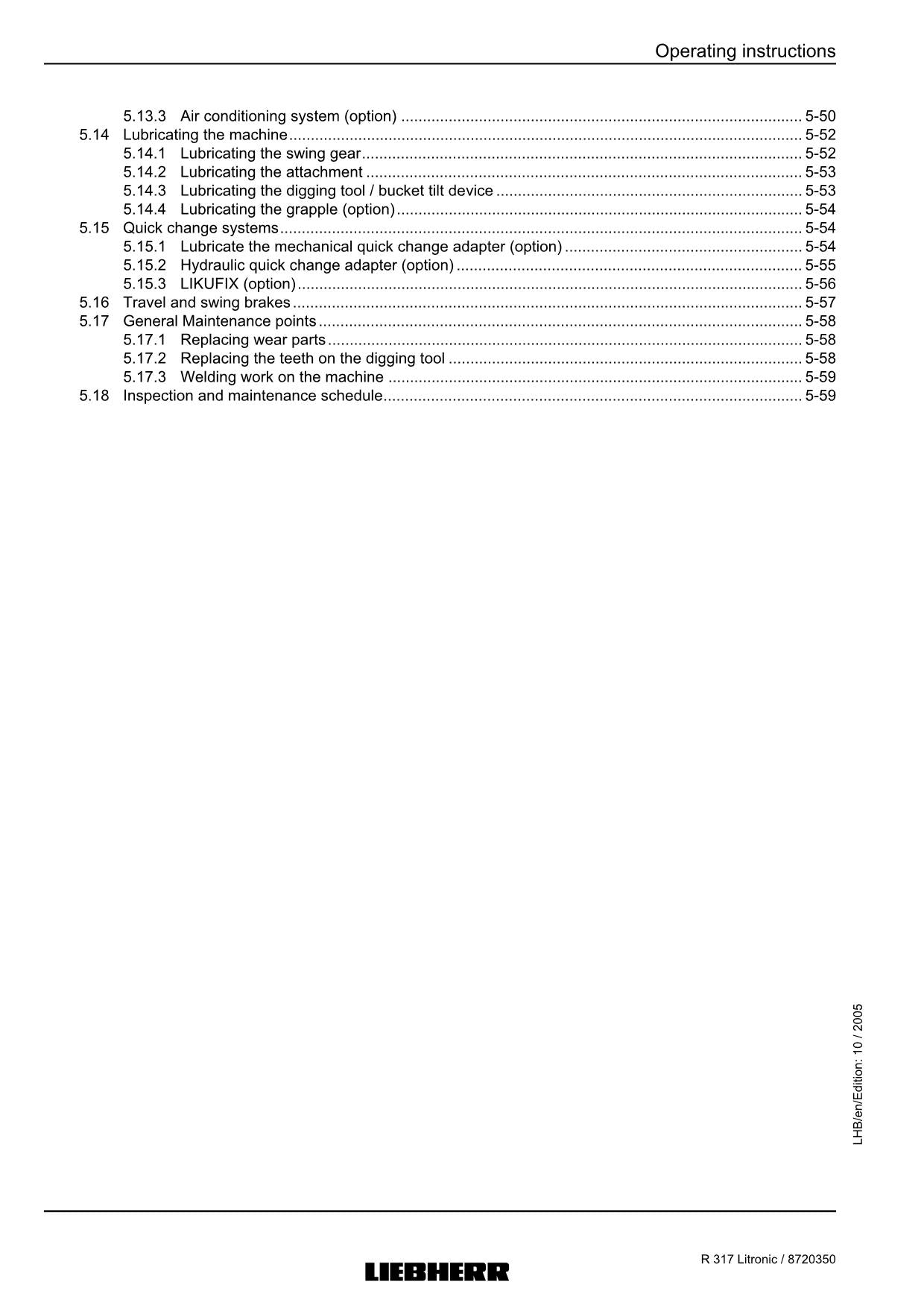 Liebherr R317 Litronic Excavator Operators manual serial 27000