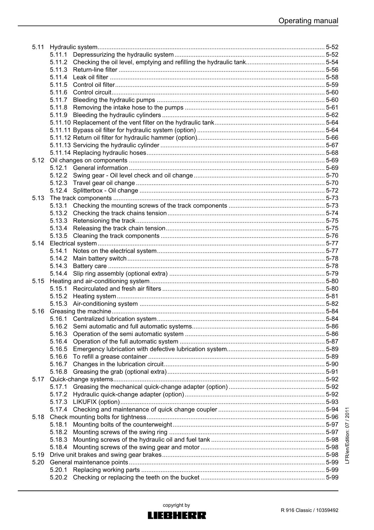 Liebherr R916 Classic Excavator Operators manual serial 31055