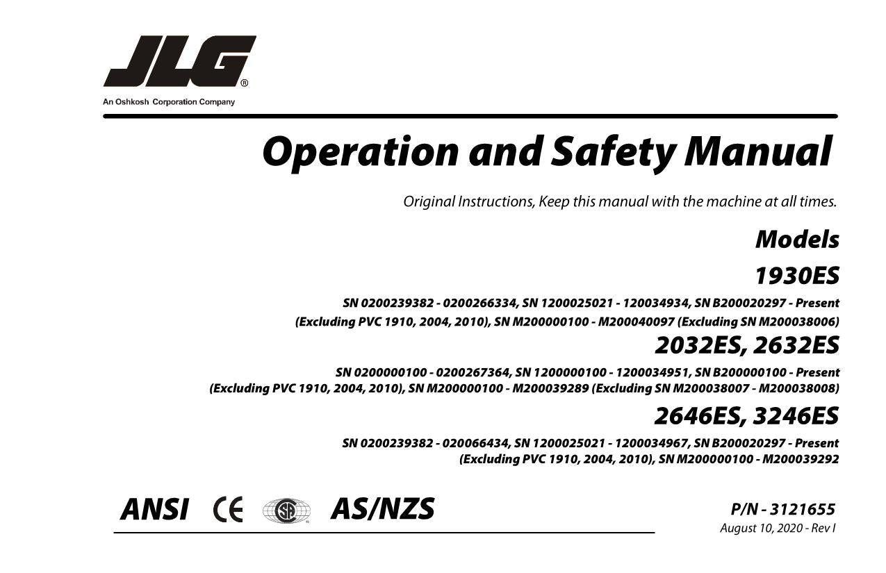 JLG 1930ES 2032ES 2632ES 2646ES 3246ES Scissor Lift Operators Manual 3121655