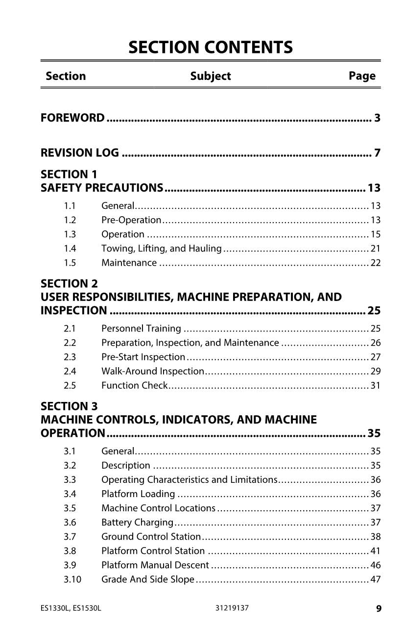 JLG ES1330L ES1530L Scissor Lift Maintenance Operation Operators Manual 31219137