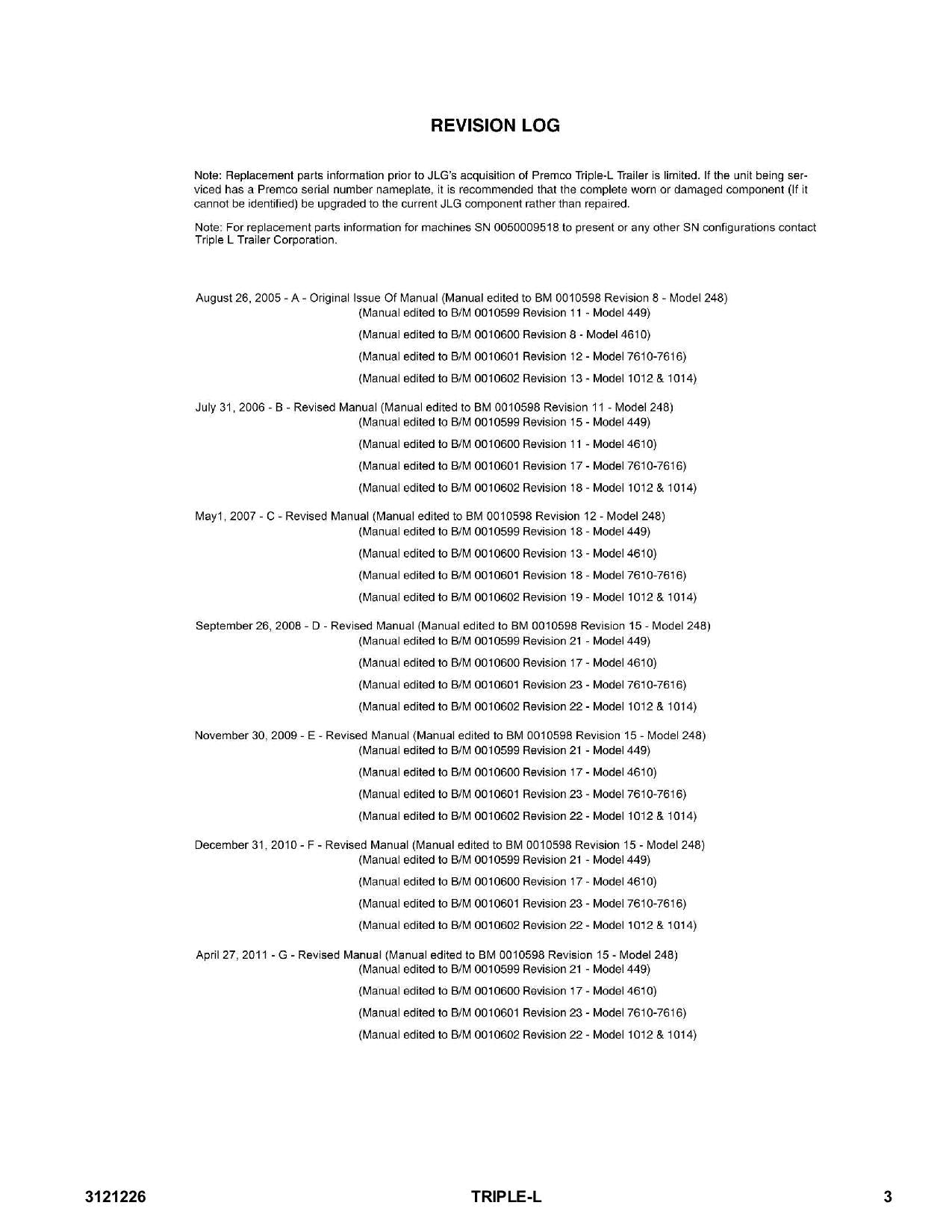 JLG 1012 1014 248 449 4610 7610 7612 7614 7616 Trailer Parts Catalog Manual