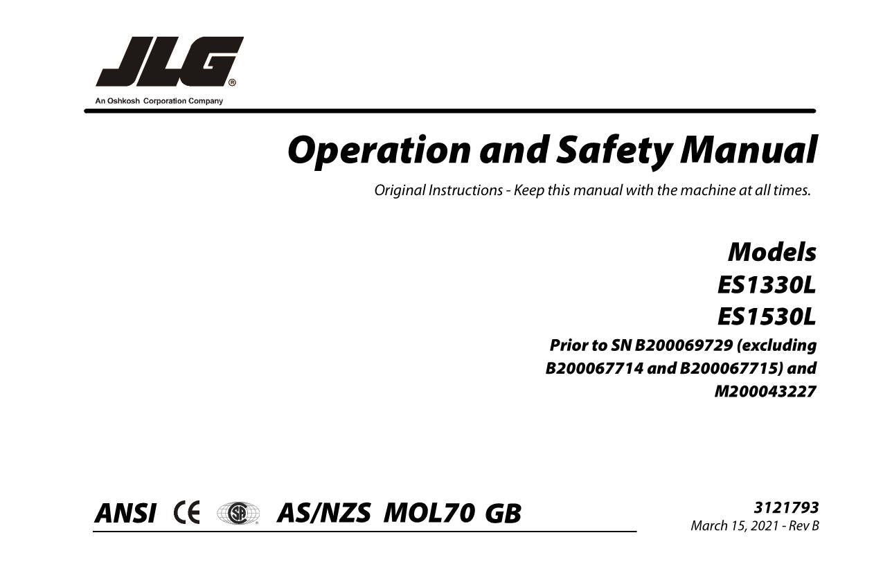 JLG ES1330L ES1530L Scissor Lift Maintenance Operation Operators Manual 3121793