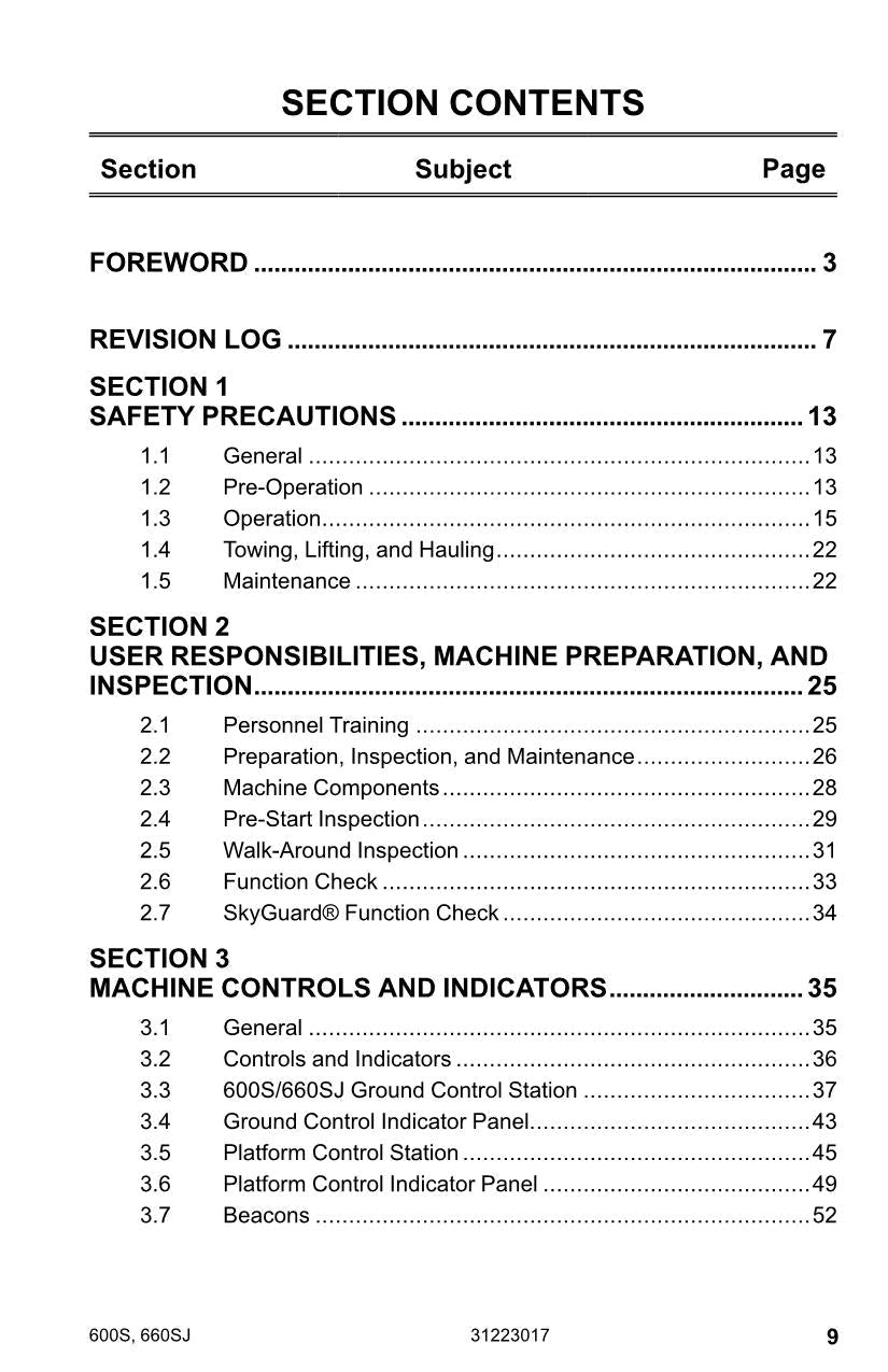 JLG 600S 660SJ Boom Lift Maintenance Operation Operators Manual 31223017