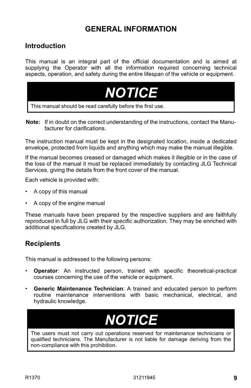 JLG R1370 Telehandler Maintenance Operation Operators Manual