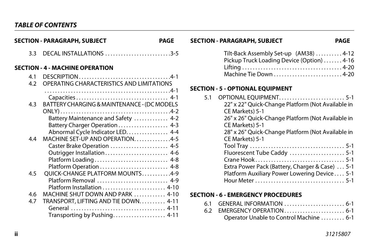 JLG 25AM 30AM 38AM Boom Lift Maintenance Operation Operators Manual