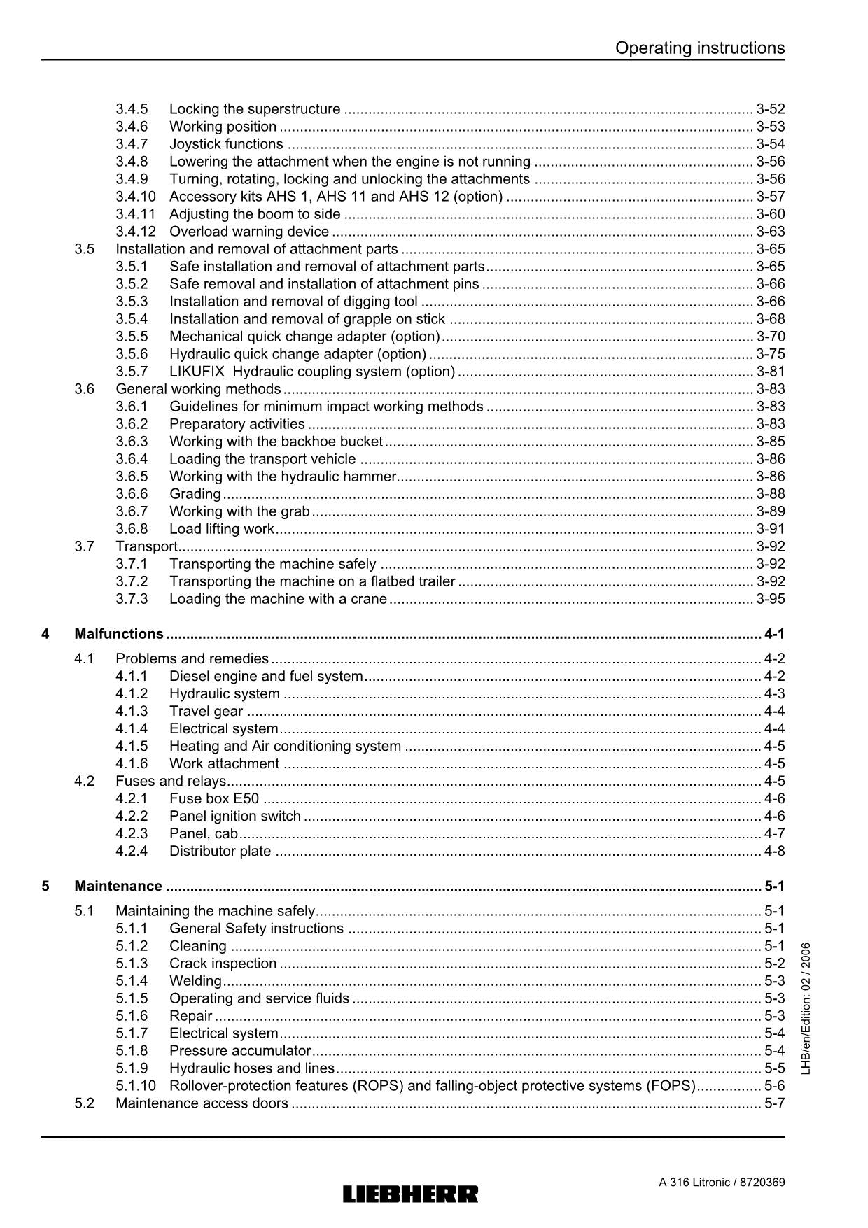 Liebherr A316 Litronic Excavator  Operators manual