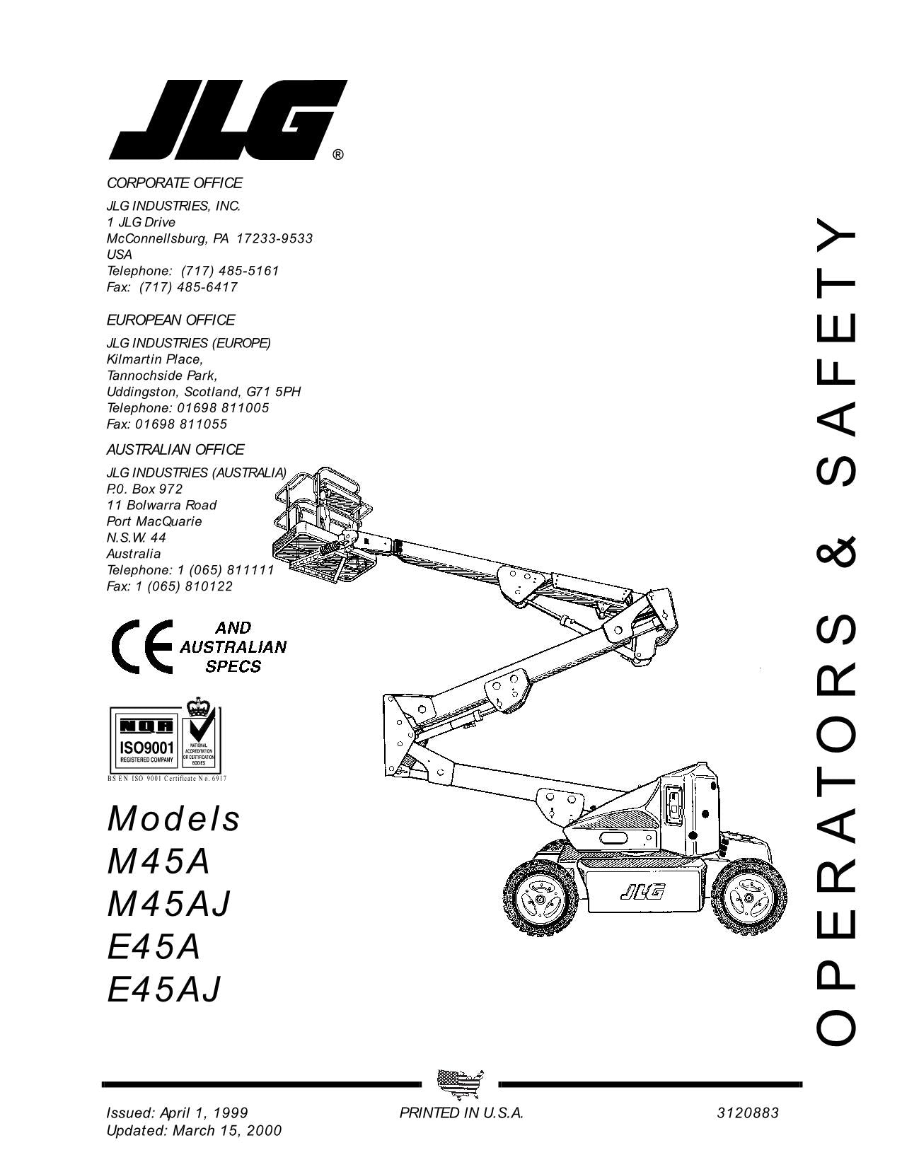 JLG E45A E45AJ M45A M45AJ Boom Lift Maintenance Operators Manual 3120883