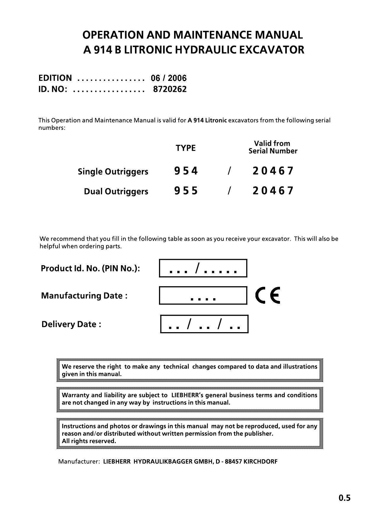 Liebherr A914 B Litronic Excavator Operators manual