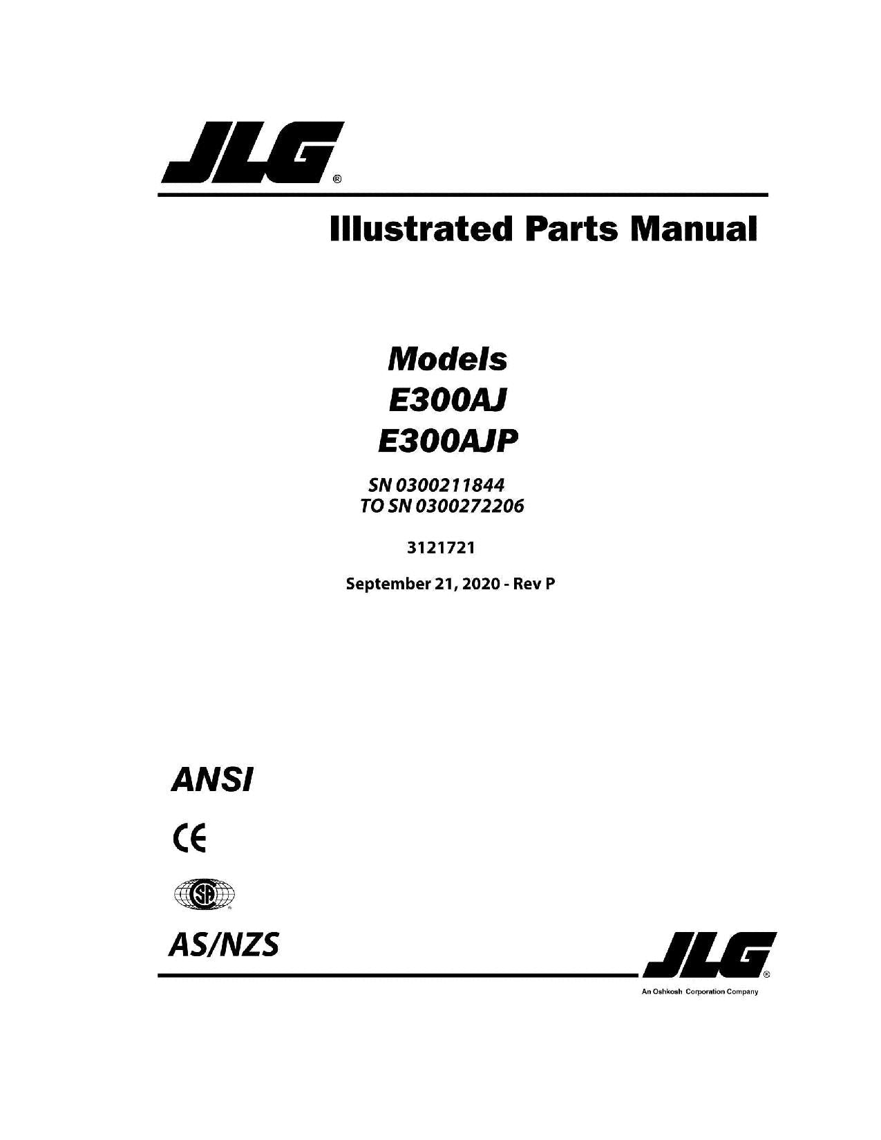 JLG E300AJ E300AJP Boom Lift Parts Catalog Manual 0300211844-0300272206