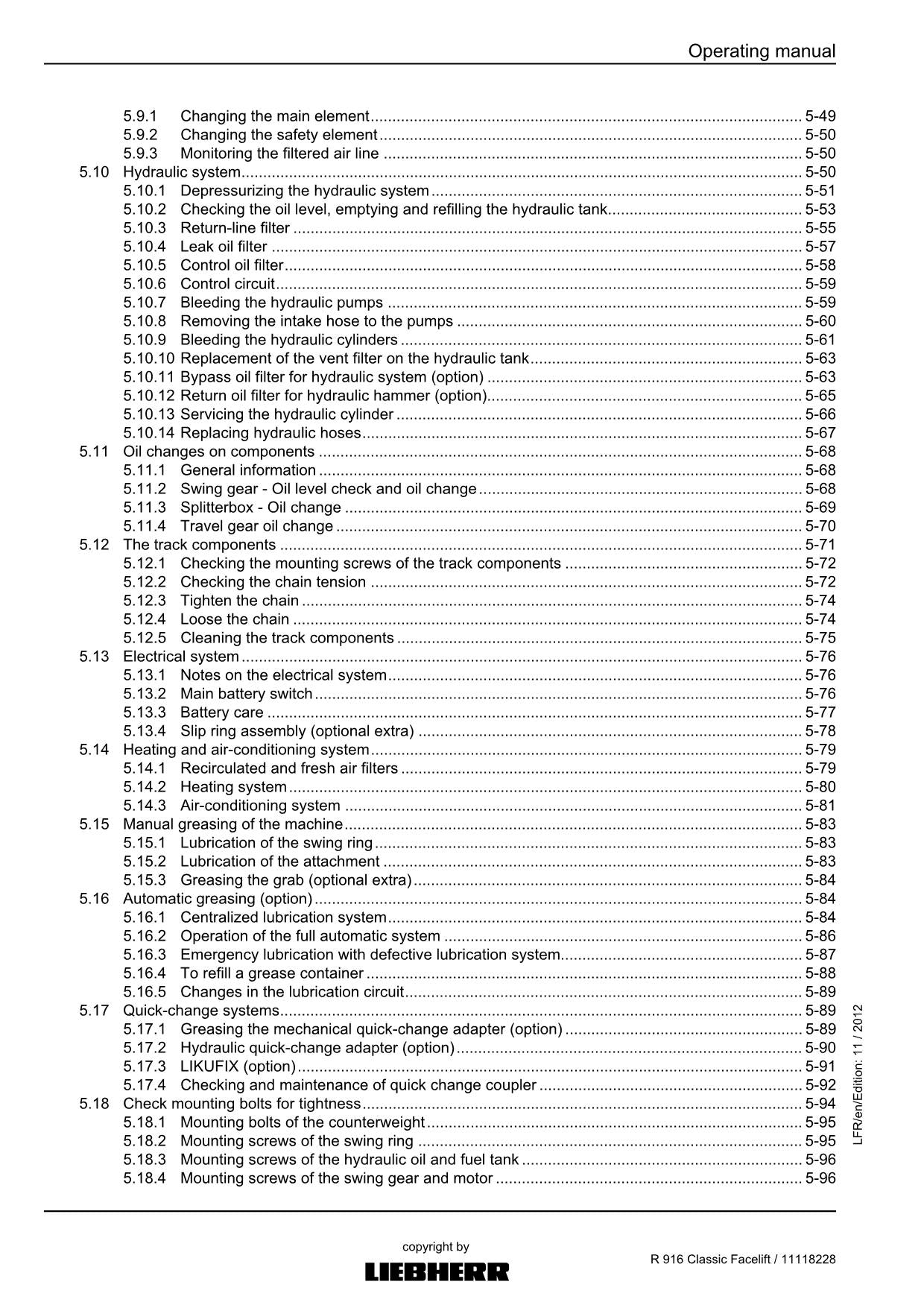 Liebherr R916 Classic Facelift Excavator Operators manual