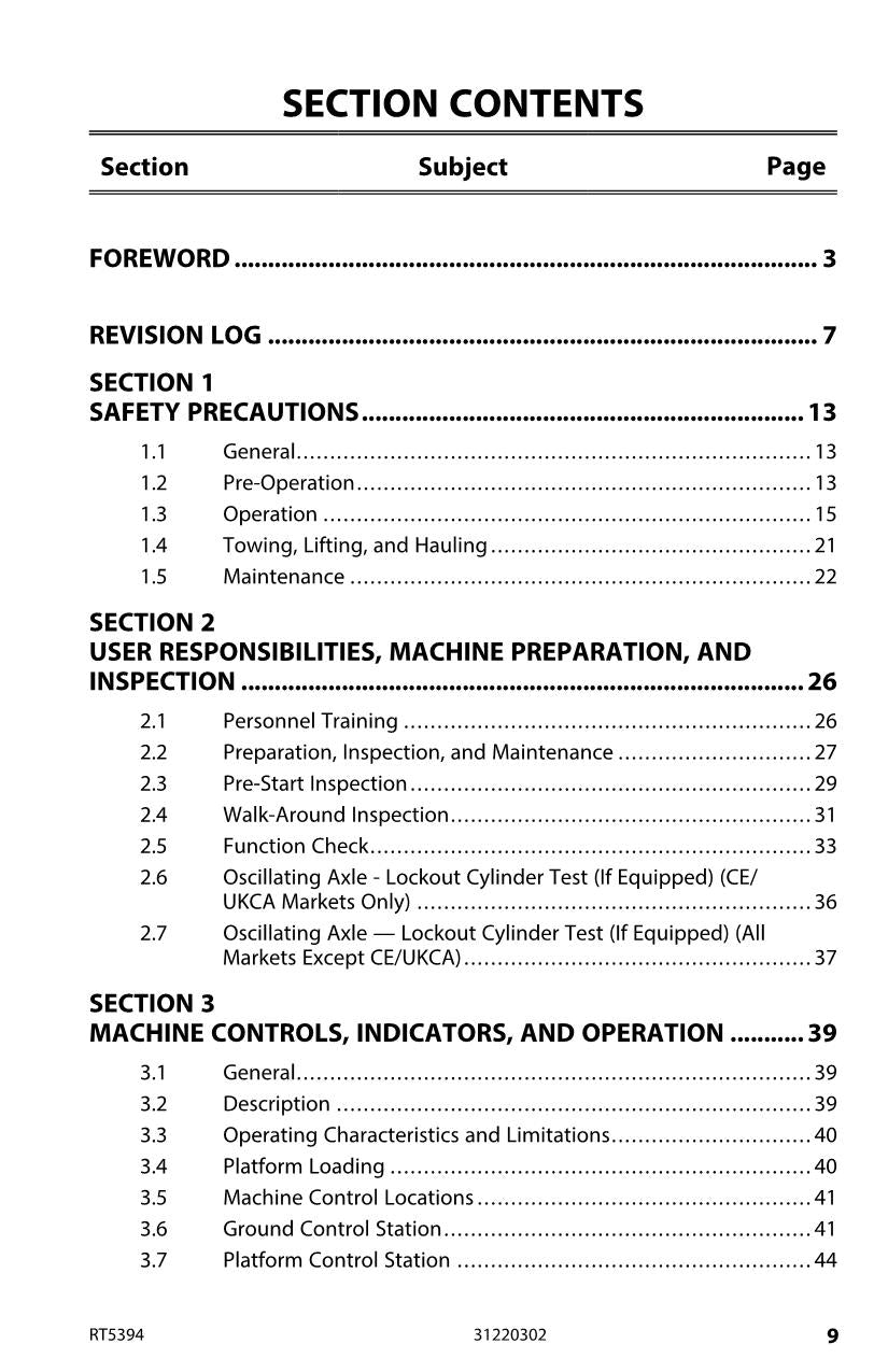 JLG RT5394 Scissor Lift Maintenance Operation Operators Manual 31220302