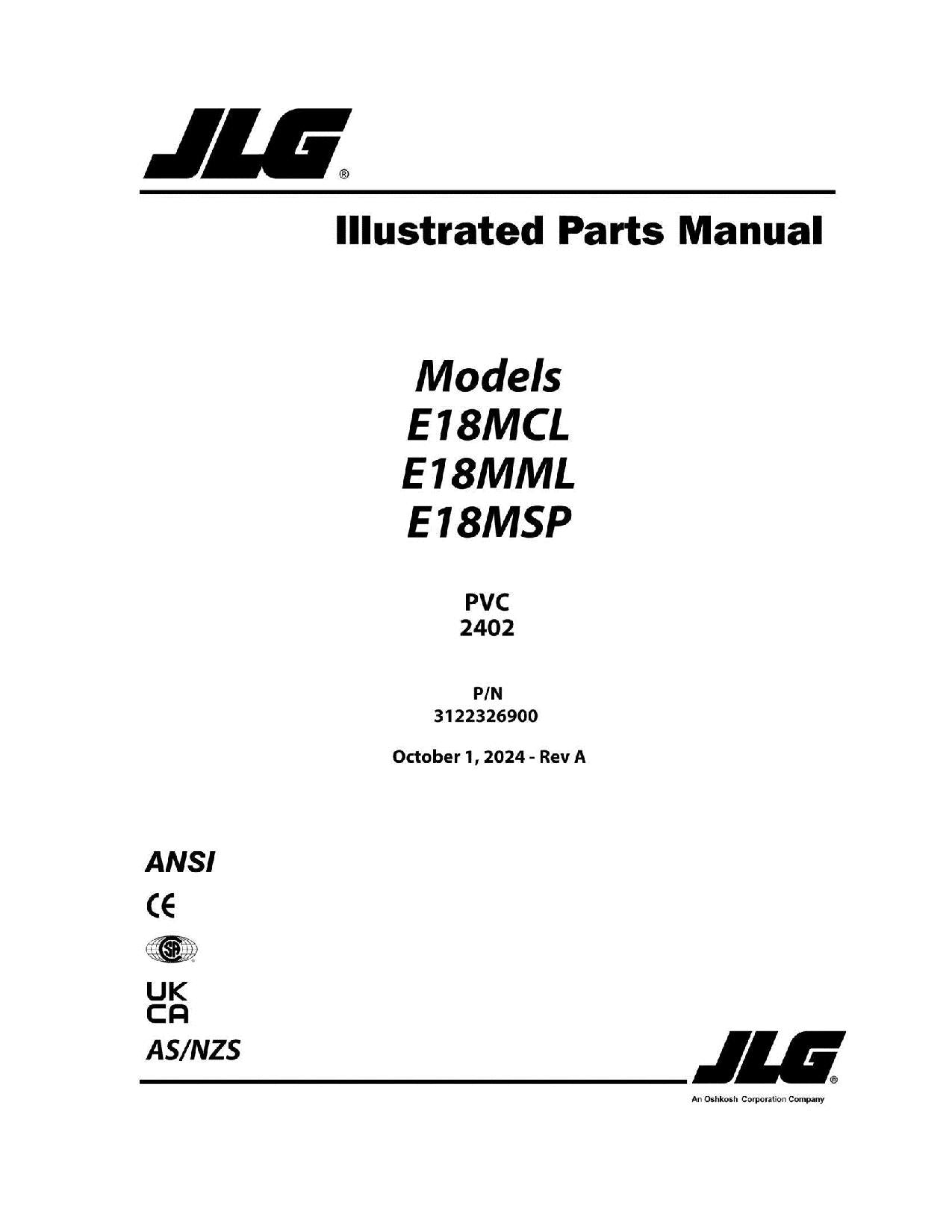 JLG E18MCL E18MML E18MSP Vertical Mast Parts Catalog Manual