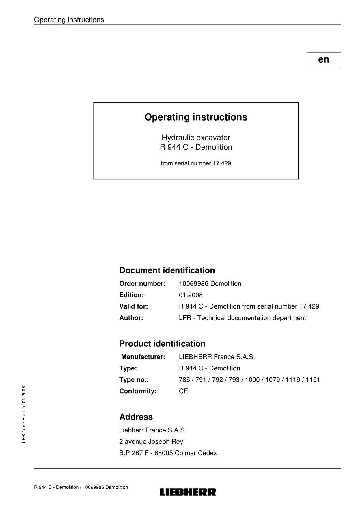 Liebherr R944 C Demolition Excavator Operators manual serial 17429