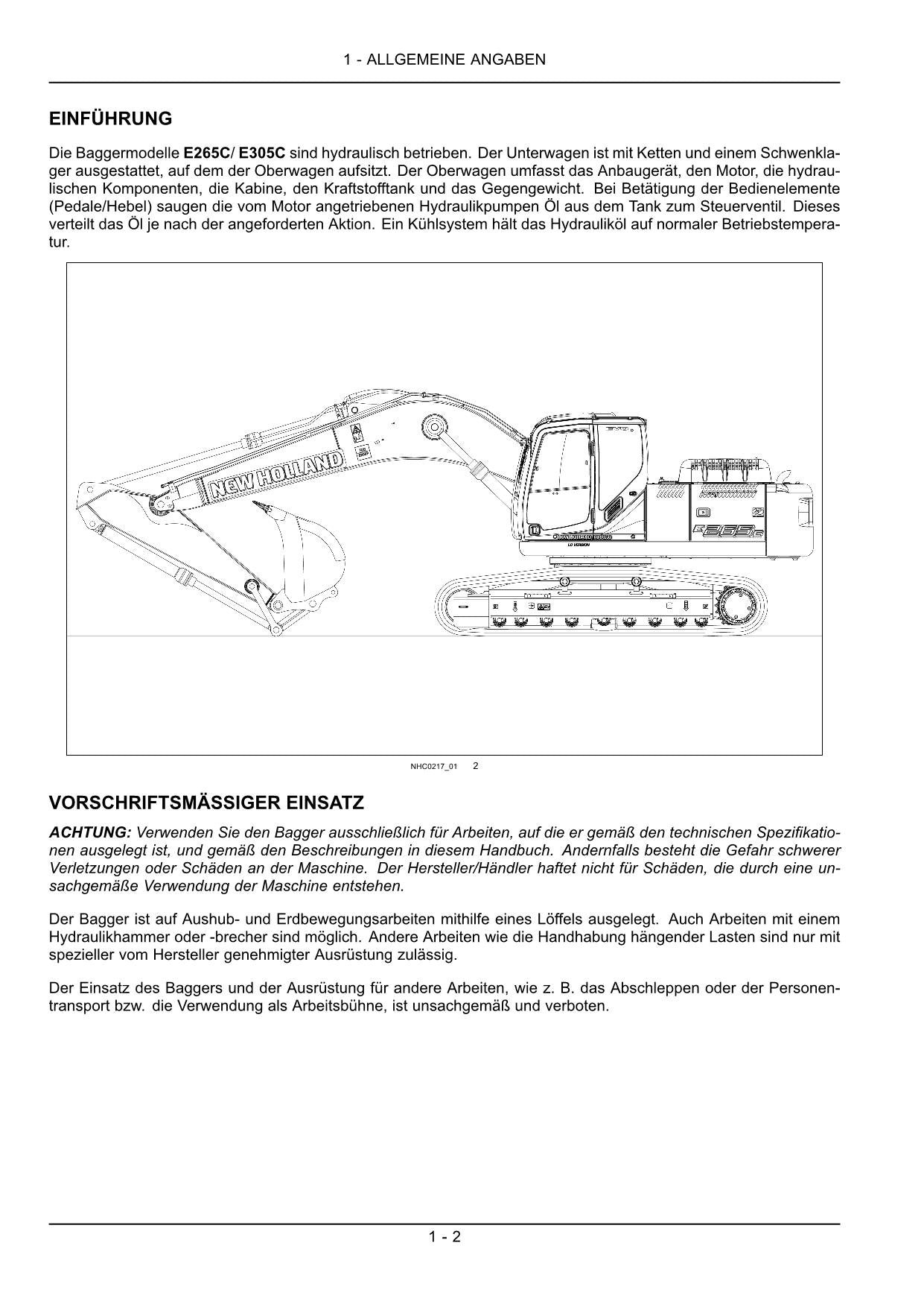 New Holland E265C E305C Bagger Betriebsanleitung