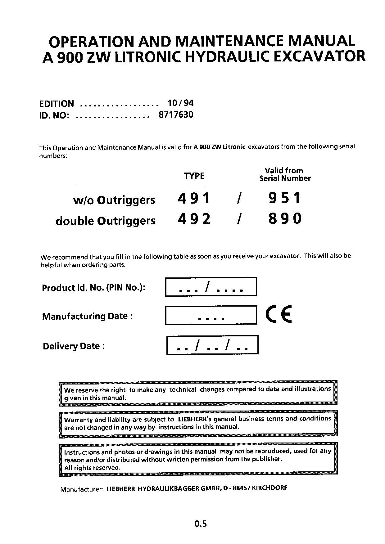 Liebherr A900 ZW Litronic Excavator  Operators manual