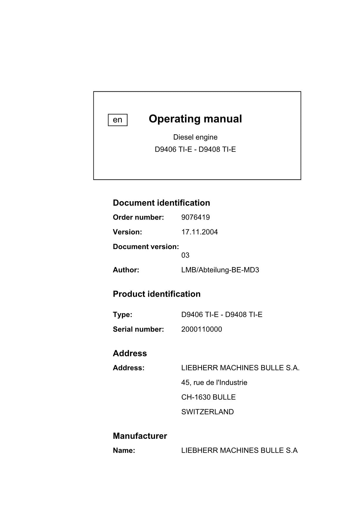 Liebherr D9406 TI-E - D9408 TI-E engine Operators manual