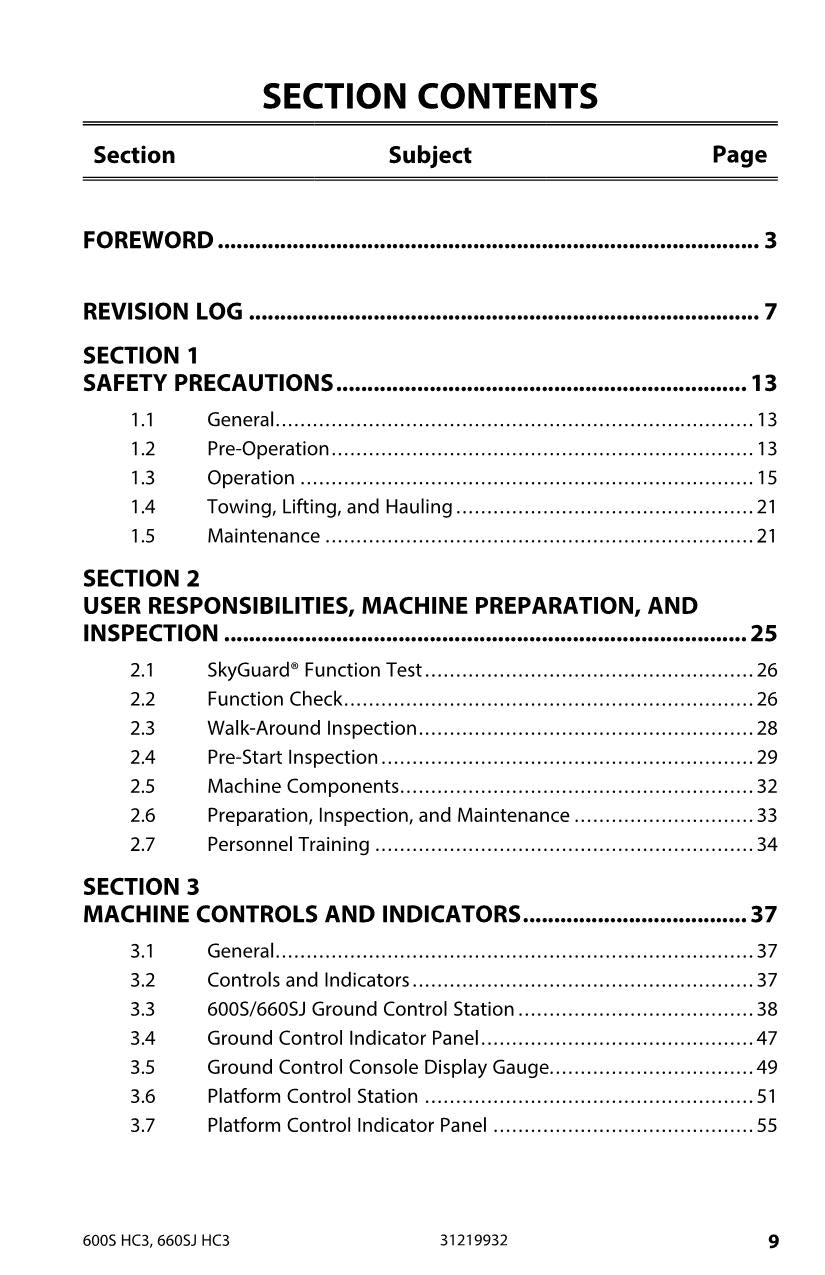 JLG 600S HC3 660SJ HC3 Boom Lift Maintenance Operation Operators Manual 31219932