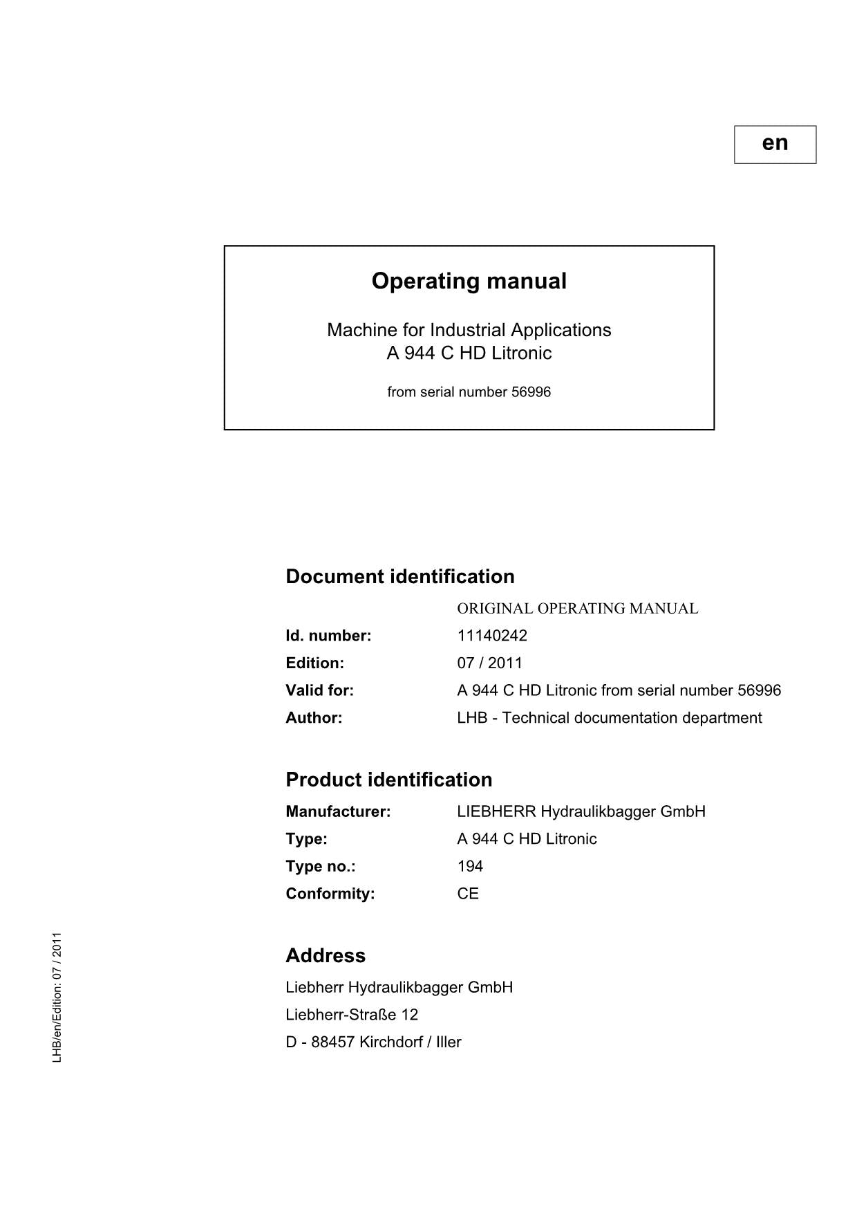 Liebherr A944 C HD Litronic EXCAVATOR LOGGING MACHINE Operators manual