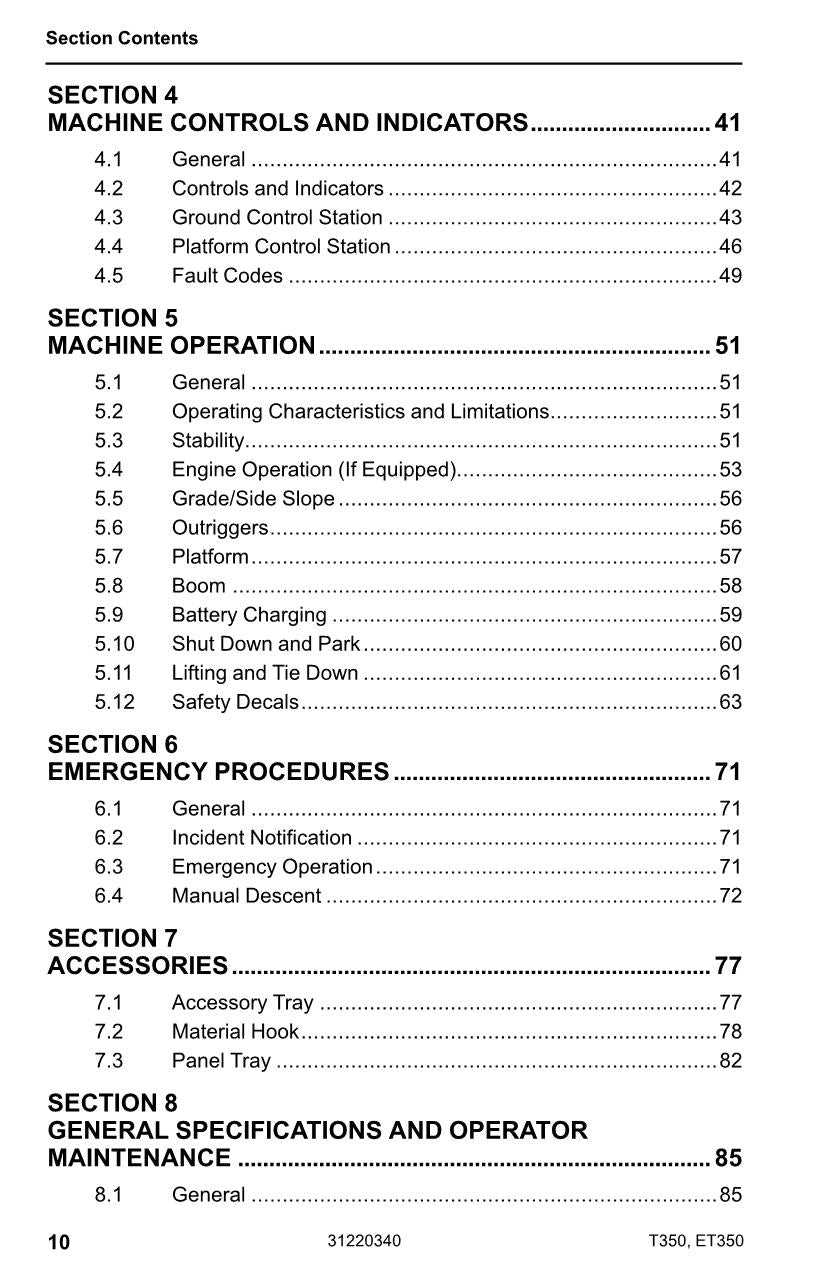 JLG ET350 T350 Boom Lift Maintenance Operation Operators Manual