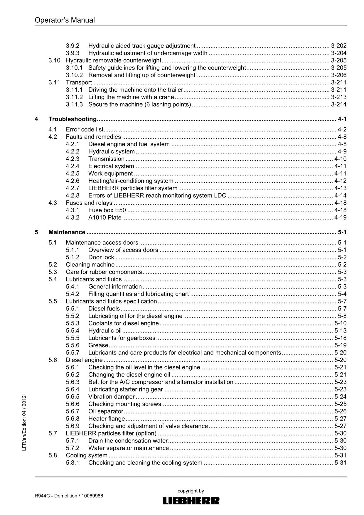 Liebherr R944 C Demolition Excavator Operators manual serial 31212