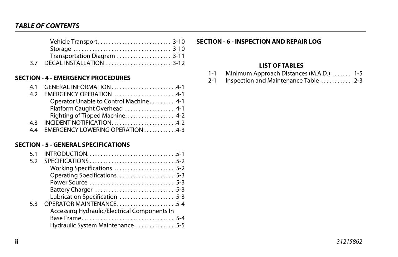 JLG 830P Vertical Mast Maintenance Operation Operators Manual 31215862