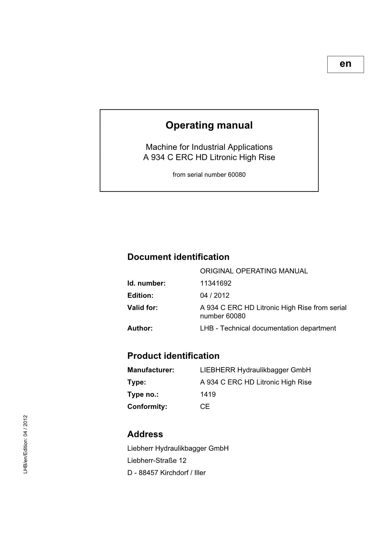 Liebherr A934 C ERC HD Litronic High Rise Excavator Operators manual