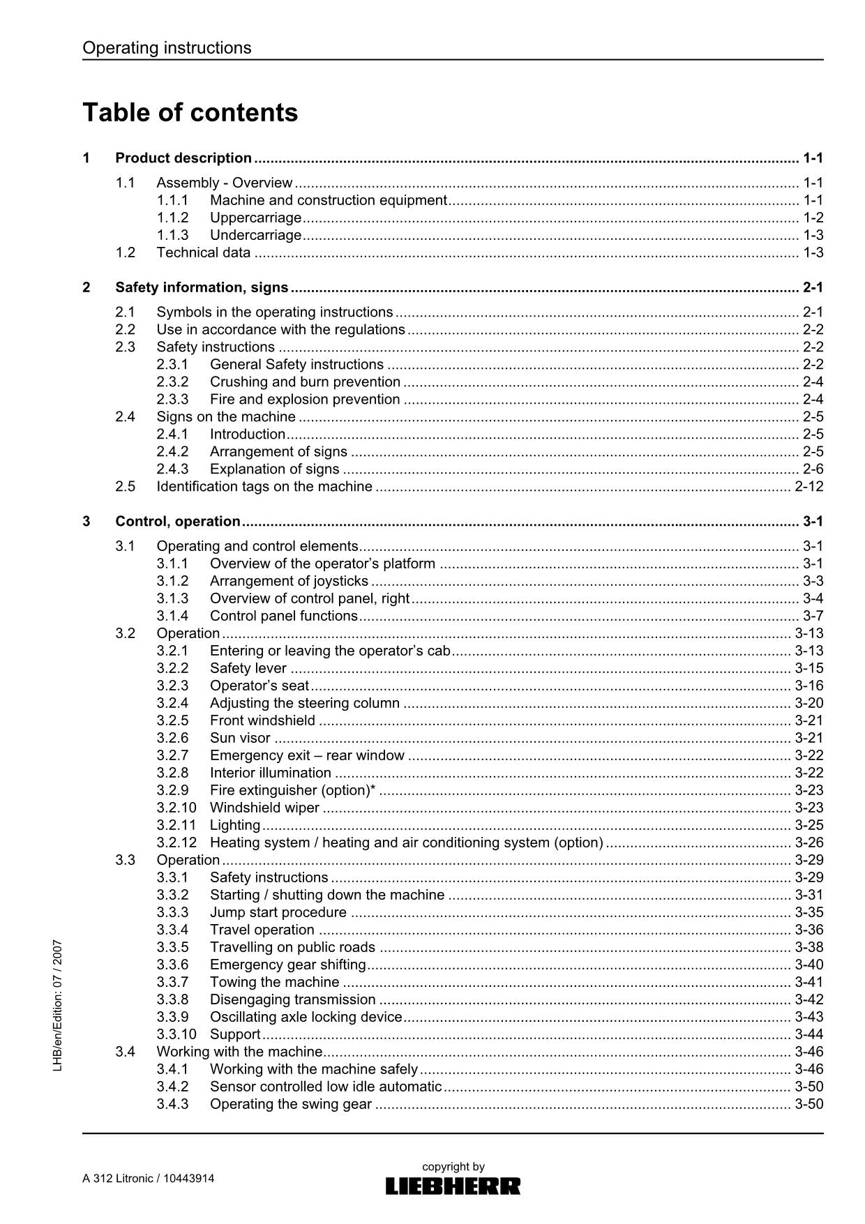 Liebherr A312 Litronic Excavator  Operators manual