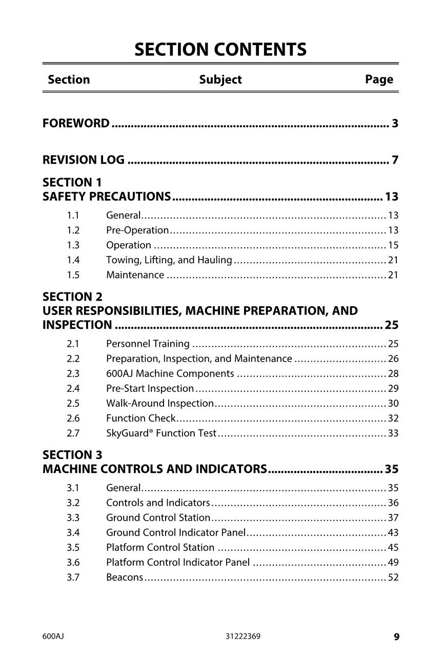 JLG 600AJ Boom Lift Maintenance Operation Operators Manual 31222369